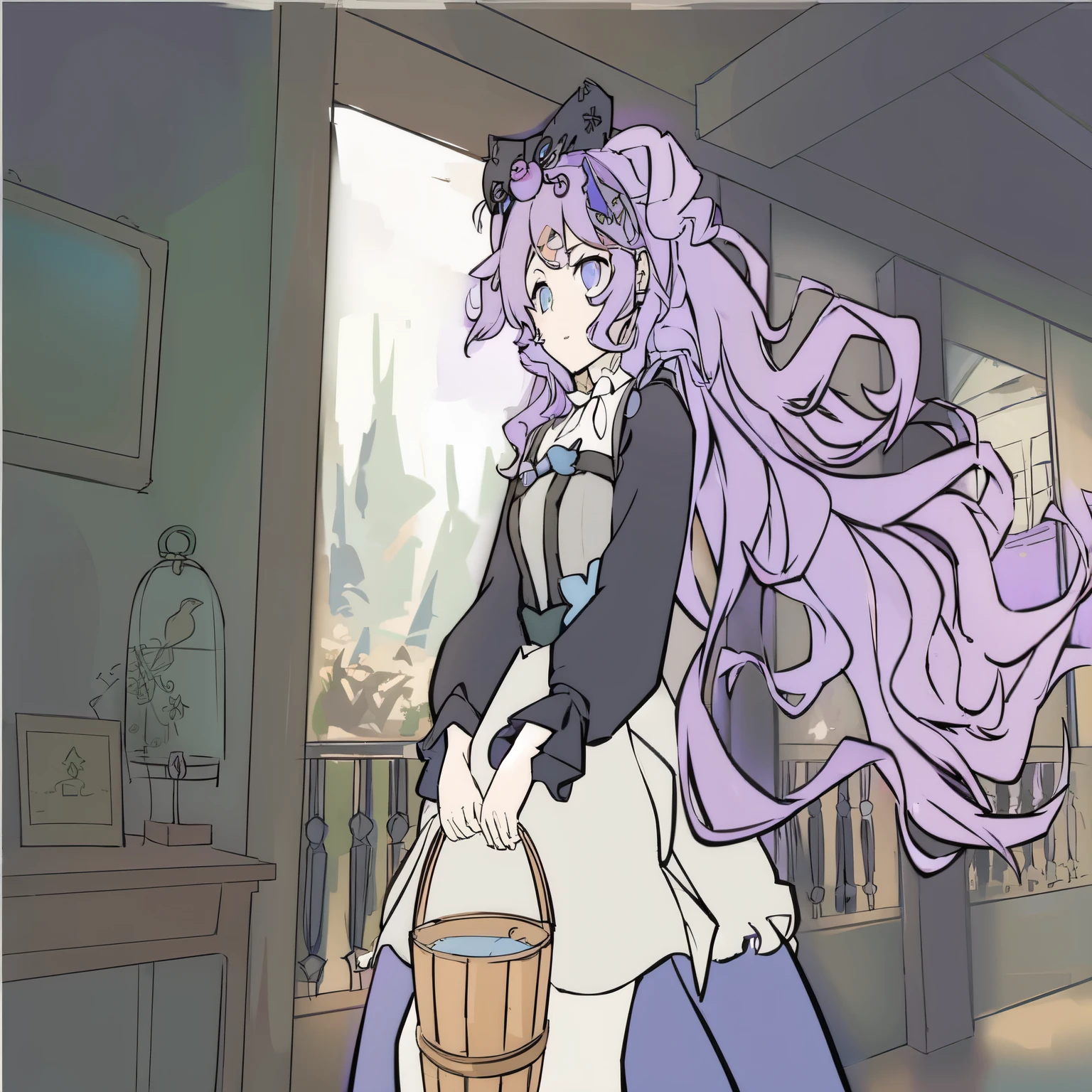 Anime girl with long purple hair and a basket of water, European pastoral landscape