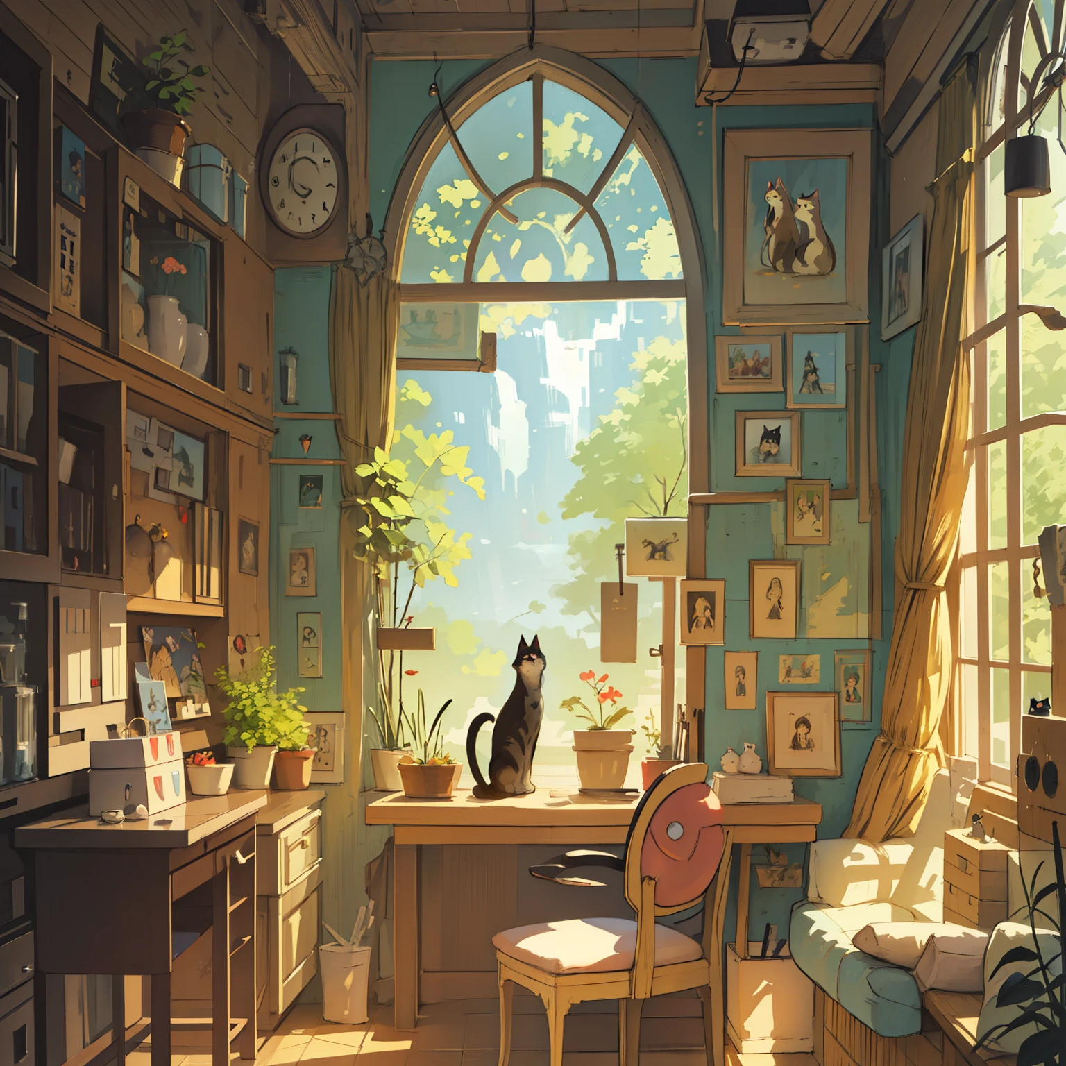 The cat is sitting on the desk in the room., anime background art, studio ghibli sunlight, Lofiato, ghibli studio style, interior background art, Studio Ghibli aesthetics, cozy cafe background, lofi portrait at a window, relaxing concept art, background art, Lofiatostyle, anime art wallpaper 4k, anime art wallpaper 4k, Cats and plants
