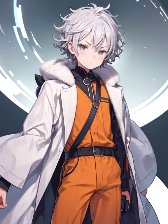 masterpiece, highest quality, Medium wide shot、cowboy shot、boy with short curly hair, silver hair、white skin, gray eyes、Winter clothes、White fur collar、Orange short-sleeved jacket with white lines、orange shorts with white lines、V-shaped eyebrows、fantasy、