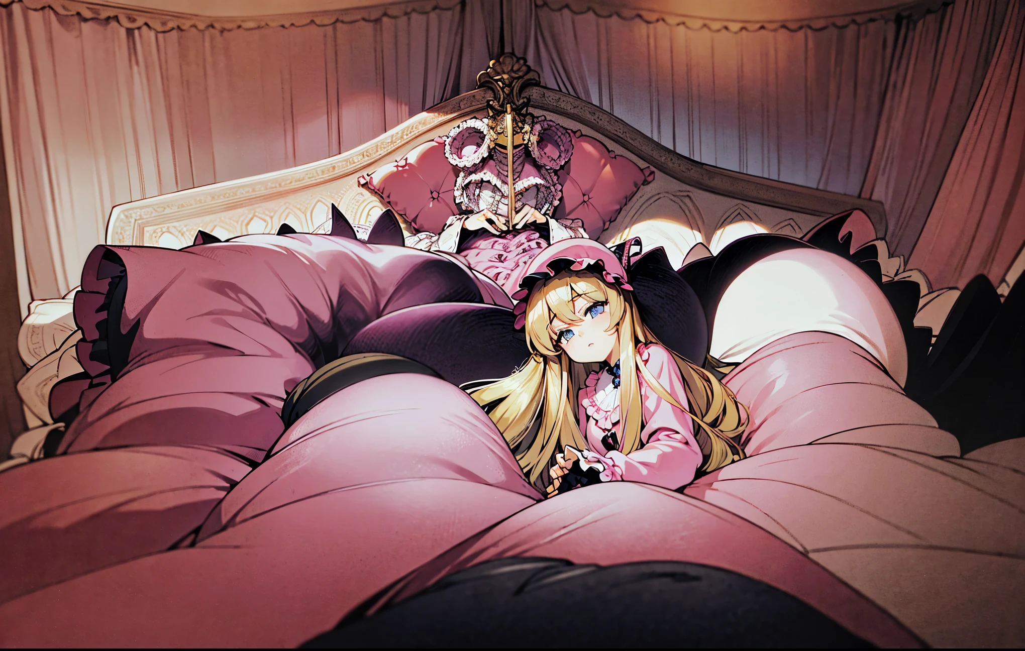 ,highest quality, masterpiece, highest resolution, artwork, super それにget used to it, many get used to it, get used to it, それにget used to it, 3K 90s anime illustration,(( 10 year old girl)),Super detailed baby face,high quality small face,long blonde hair that grows to the waist,blue eyes,白い肌のeuropean,pajamas, european,(((super long blonde hair))),curly hair,blue eyes,((((ピンクのロリータファッションのlong skirtのワンピースドレス)))),((Pink nightgown with lots of frills and ribbons)),((Luxurious nightcap with frills and ribbons)),detailed headdress,,(((big yoke collar))),Yoke collar with ruffles and ribbons,((((long sleeve)))),ruffle sleeves,((((long skirt)))),white ruffle and lace socks,large frill and ribbon pillow,(((Nice pink outfit))),豪華なcanopy bedの上,canopy bed,The bed is surrounded by luxurious curtains,many frilly pillows on the bed,There are many frilly pillows behind the girl.,super detailed background,detailed bed,soft pink comforter,Highly detailed soft ruffle pillow,Beautiful girl illustration,detailed beautiful face,thin hair,detailed eye ,detailed eyes,detailed mouth, arm details,fine hands,Detailed pillow,wide bed,Illustration on the bed, ,((((round futon)))),((((A large ruffled futon that covers the entire bed)))),detailed comforter,detailed bedシーツ,Before bedtime,romantic atmosphere,palace bedroom,((((The lower half of my body is completely wrapped in a large fluffy futon.)))) The girl is leaning on a pile of pillows, ,((((round futon)))),((((A large ruffled futon that covers the entire bed)))),Another girl is sleeping next to me.,