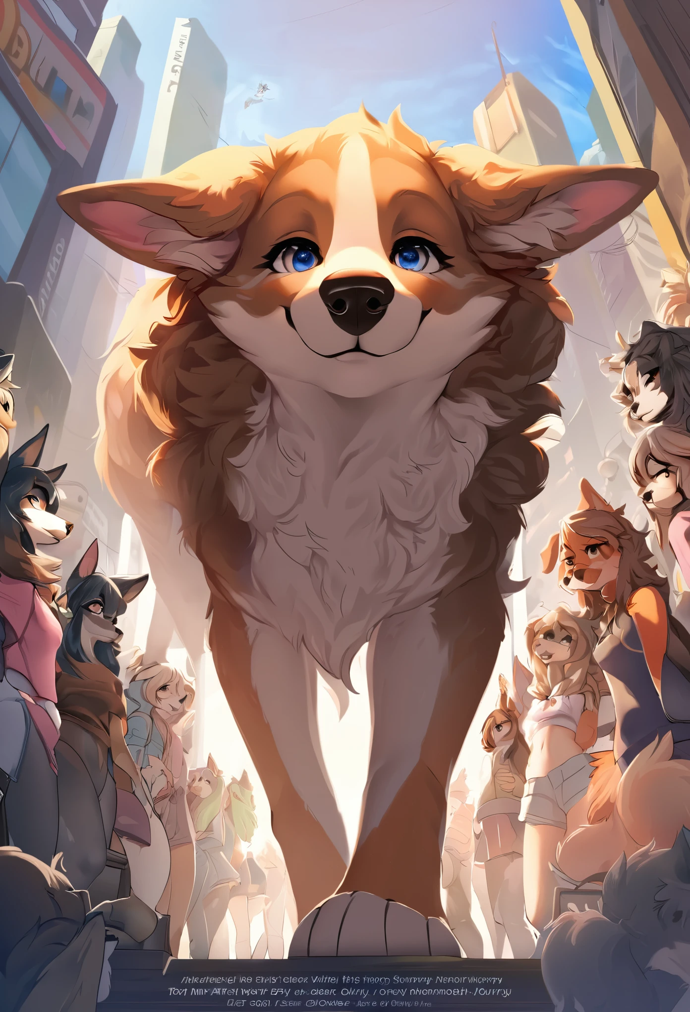 cover page, highres, top quality, best quality, paid reward available, unparalleled masterpiece, perfect artwork, absurdres, High-quality illustrations, super high resolution, detailed background, Crowded cityscape, Crowd, perfect anatomy(6+girls, 6+boys)(kemono)(furry)(Furry body, dog facial features, dog body features)(very detailed body fur)low angle full shot, shot from behind,