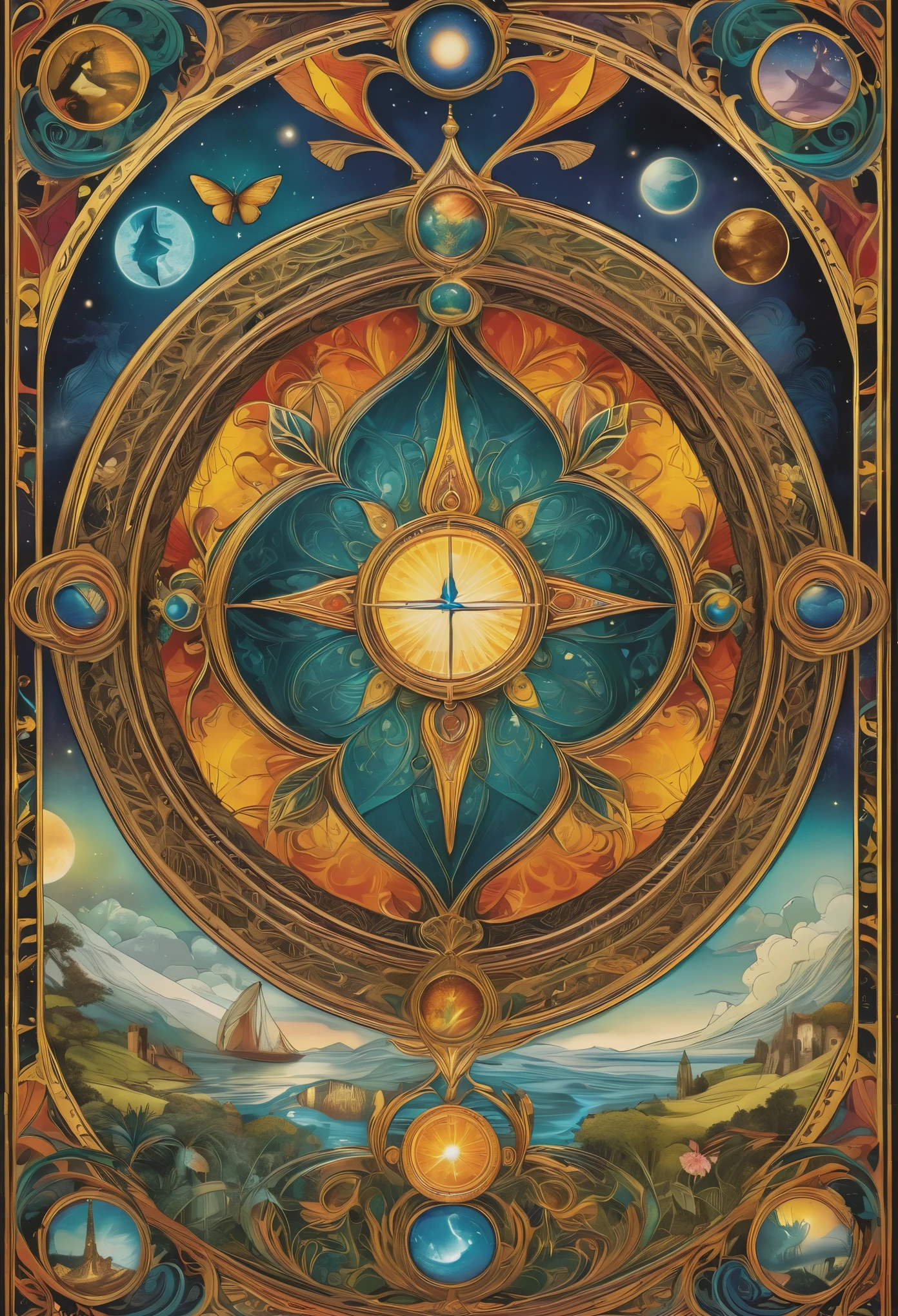 Infinite possibilities of tarot cards:classic designs,rich vibrant colors,fluid lines,(artistic creativity:1.37),mysterious symbols and elements,ancient mystical atmosphere,realistic illustrations,meticulous details,enchanting characters,diverse mythical creatures,intense emotions,energetic and dynamic compositions,spiritual and introspective themes,opulent and luxurious backgrounds,fascinating combination of light and shadow,magical and ethereal effects,whimsical and fantastical elements,powerful storytelling,perspective and depth,majestic and captivating aesthetics,timeless and evocative artistry,dreamlike and surreal ambiance,alluring and intriguing interpretations