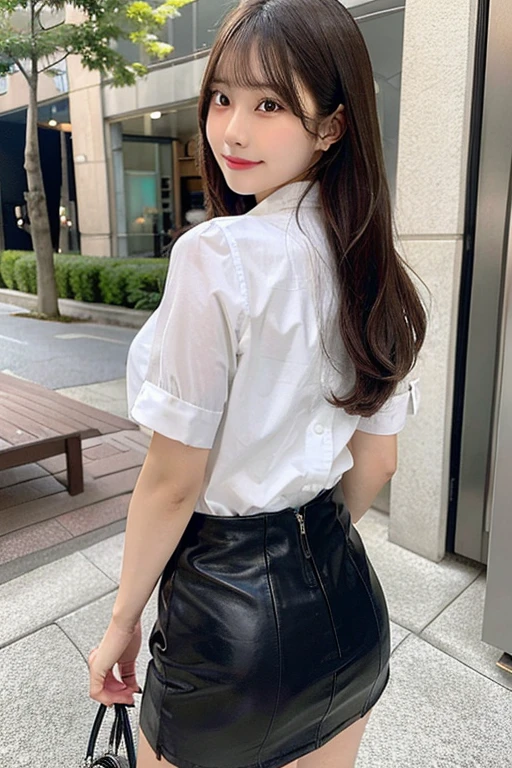 She is wearing a white button-up shirt. Very beautiful back. Rear view. Very beautiful butt. Model-type Japanese girlfriend. Japanese girl. The background is a hotel. She is wearing a black leather tight miniskirt. She is a very beautiful brown-haired girl. She is wearing a white button-up shirt. She has a very beautiful back. She has a very beautiful butt. She is wearing a tight black miniskirt made of leather. She turns around and smiles. She has brown hair and has bangs. She has ulzzang hair.