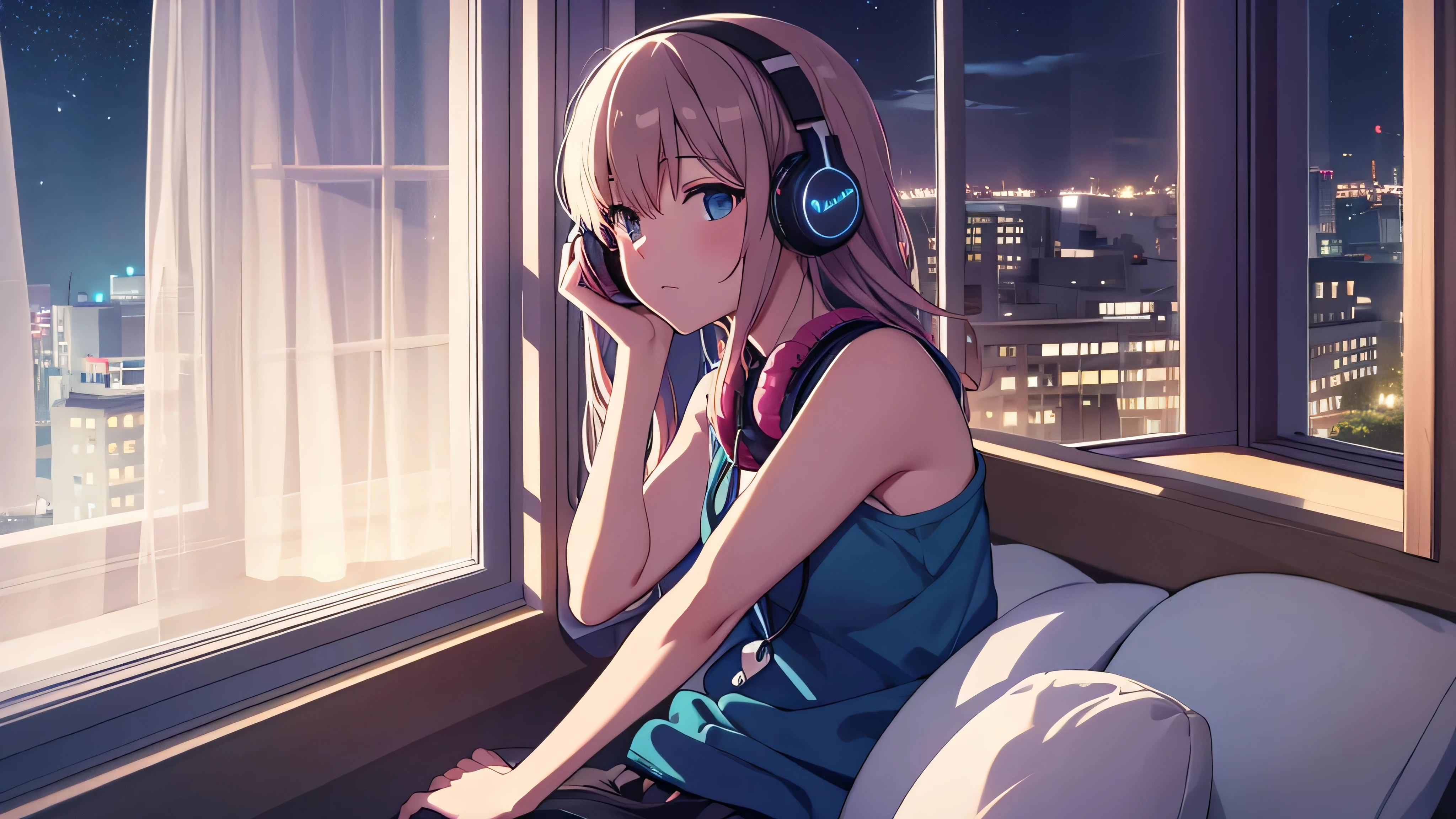 late night　put on headphones　Relax by the window　girl
