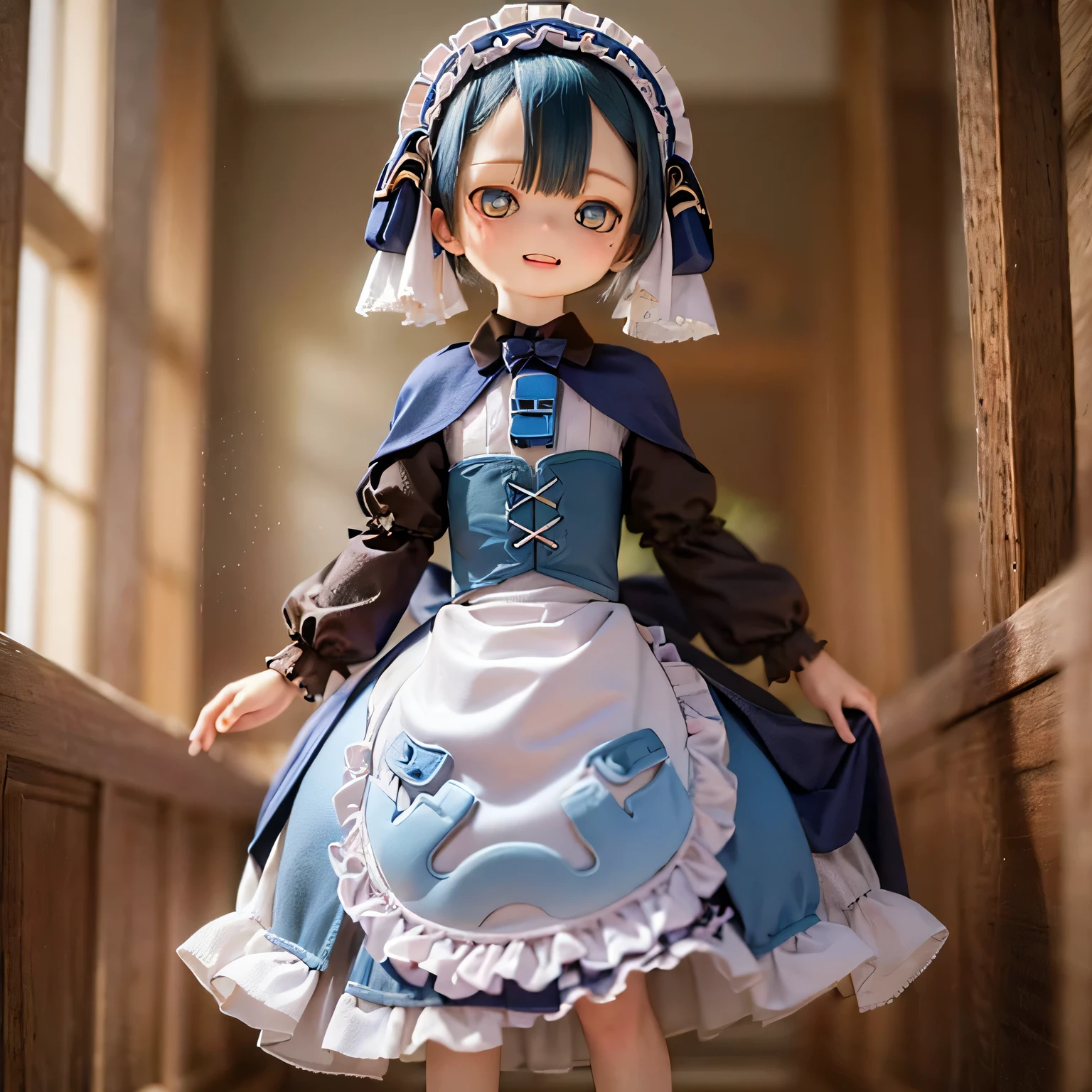 (best quality, highres, masterpiece:1.2),ultra-detailed,realistic:1.37,Maluluk from Made in Abyss,(best quality, highres, 4k, ultra-detailed, masterpiece:1.2), realistic, HDR, vivid colors, sharp focus, studio lighting, extreme detail description, professional, portraits, anime, blue tones, natural lighting, 10yo girl, blonde curly hair, flat chest, gothic lolita clothes, innocent expression, delicate features, long eyelashes, expressive eyes, rosy cheeks, soft lighting, dreamy atmosphere, whimsical background(((((((curtsey)))))))full body inside the mansion 
holding a broom casual