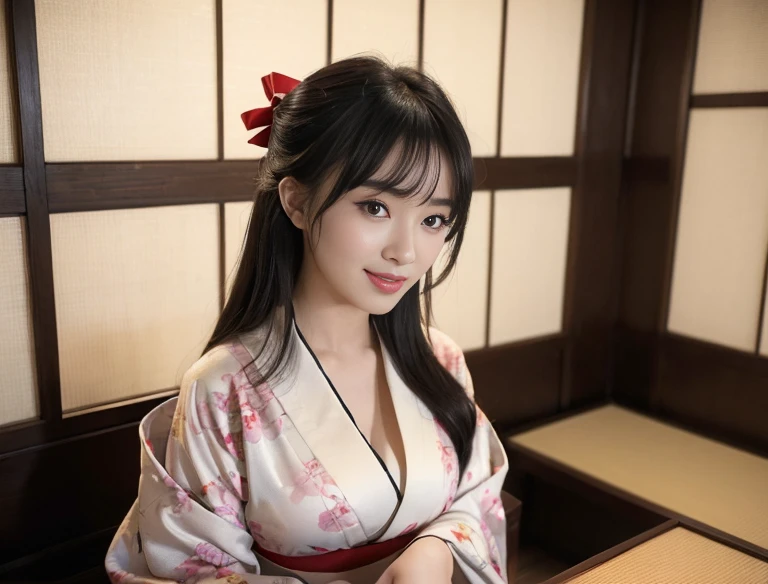 ((top quality、8K、​Masterpiece:1.3))、bow、sexy，Big breasts，worship、welcome、fine seat、Japanese、perfect body beautiful:1.4、Transparent kimono:1.5、((fine hair))、 a smile, black hair, Bangs, Beautiful and delicate eyes,hostel、Kyoto、Tatami、Letter X on hanging scroll:1.2、