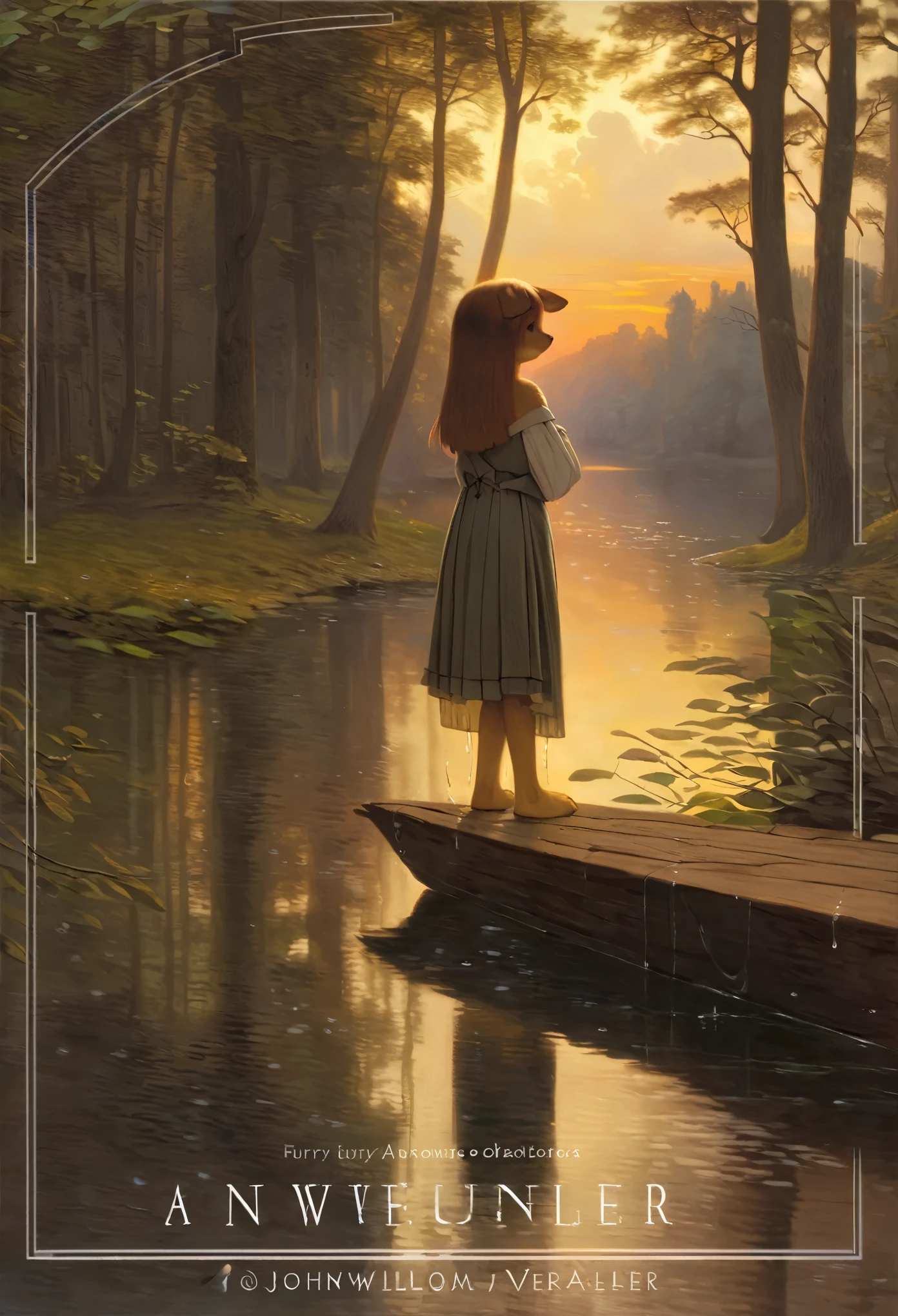 High-quality illustrations by John William Waterhouse, by Johannes Vermeer, cover_page, highres, absurdres, detailed background, lake, dawn, detailed forest, clouds, Mysterious and romantic atmosphere, caustics surface(refraction, polarization:1.2)perfect anatomy(cute 1girl, single:1.4, kemono, solo focus, boy)volumetric lighting, Wet clothes, Water droplets, (furry anthro:1.7)(Furry body, dog facial features, dog body features)(very detailed body fur)full body, soft and delicate color palette, dramatic composition, deep shadow, dynamic lighting,