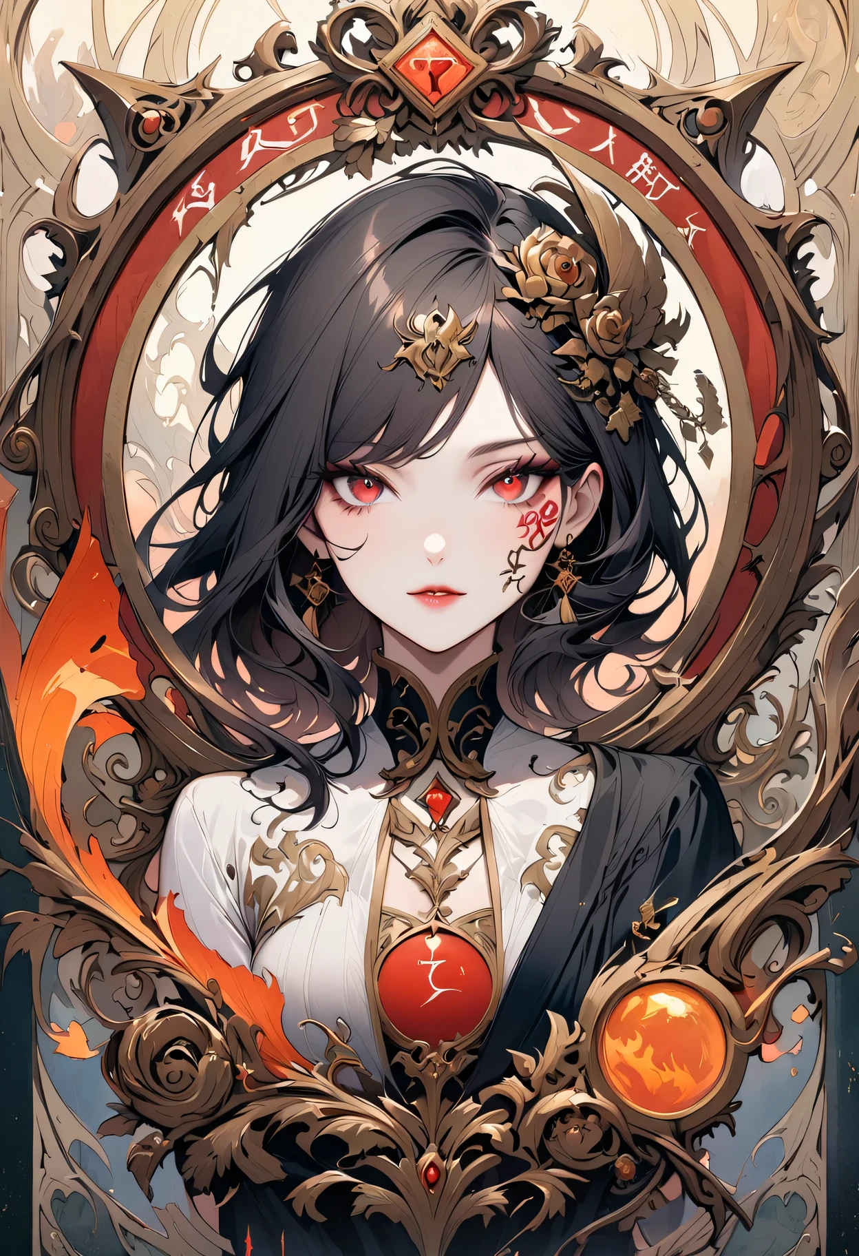 A beautiful woman tarot card, (a red eye:1.2),face tattoo(Meaningful Chinese character writing:1.1), combine elements perfectly.