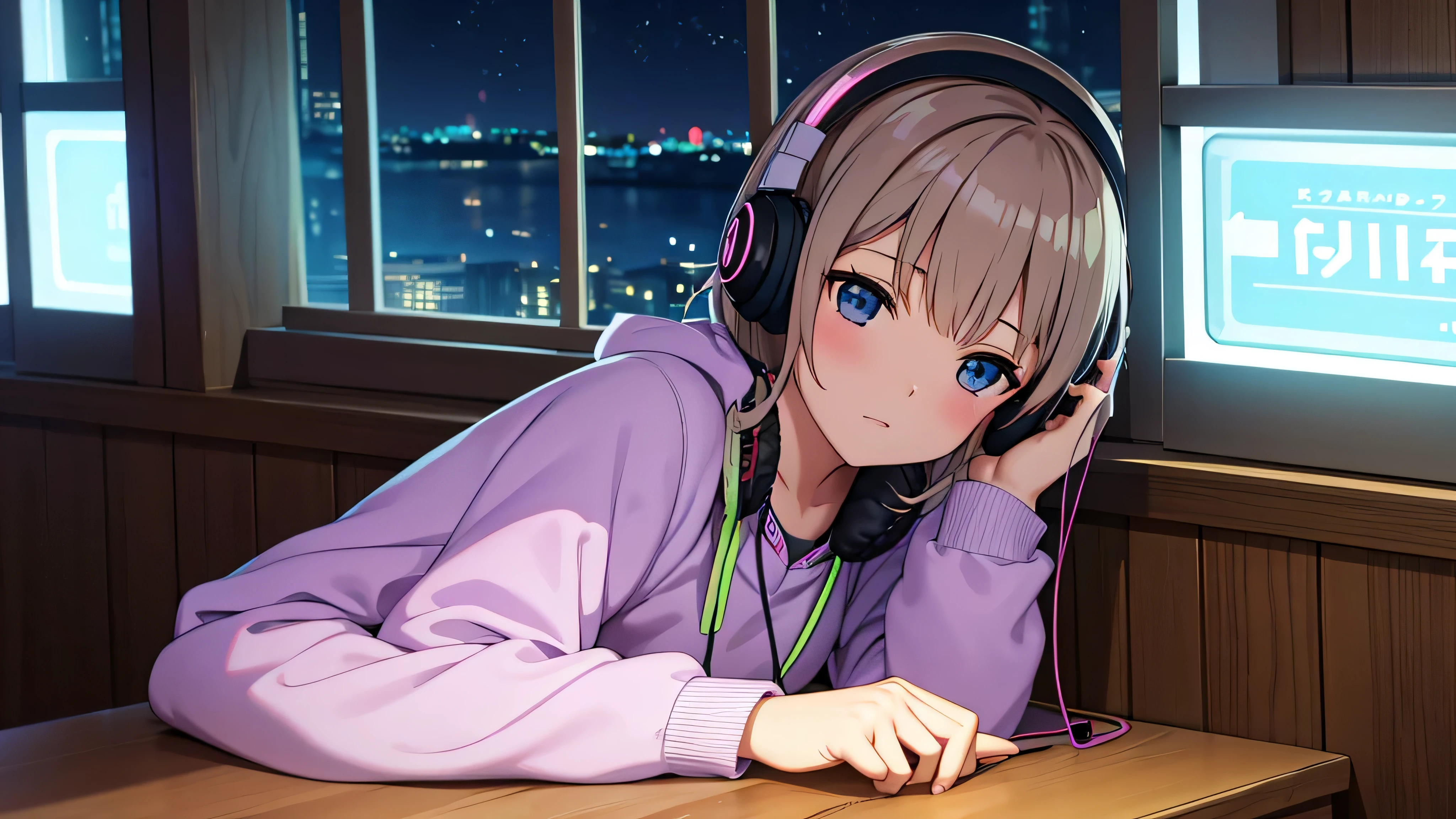late night put on headphones Relax by the window girl