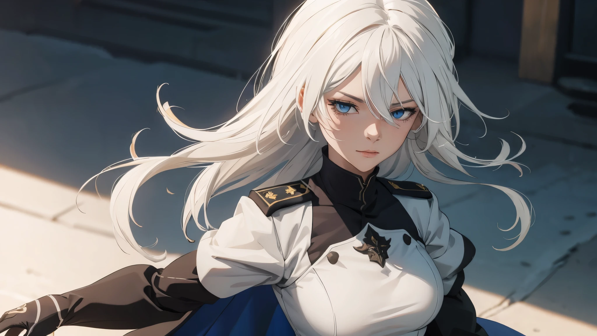 (extremely detailed CG unity 8k wallpaper), (masterpiece), (best quality), (ultra-detailed), (best illustration), (best shadow), (absurdres) ,(detailed eyes), 2b, 1girl, long hair, white hair, solo, Intimidating women, admiral uniform, night, hero pose, white clothes, General Uniform, Military Uniform, Sunlight, exposed to sunlight,commander, fighting pose, wearing cape