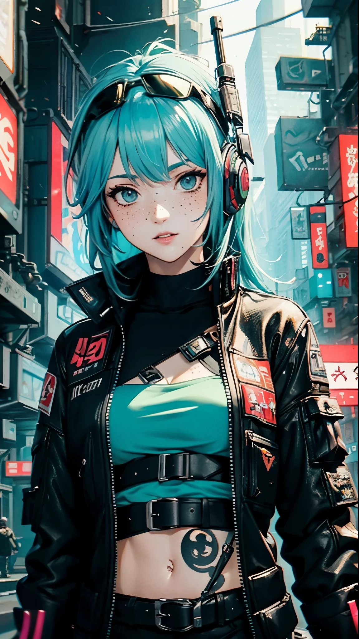 ((Best Quality)), ((Masterpiece)), perfect eyes:1.2, holding a machine gun, detailed eyes:1.4, ((freckles)), woman, hightech visor, high tech, hacker, irezumi, tattoo, techwear, headphones, messy hair, multicolored hair, green hair, black jacket, gradient hair, leather clothes, (machine gun), (High Definition:1.3), 3D, Beautiful (Cyberpunk:1.3), Colored hair, militar, black clothes looking at camera, hacker woman, sticking out, sexual, seduction, neo tokyo