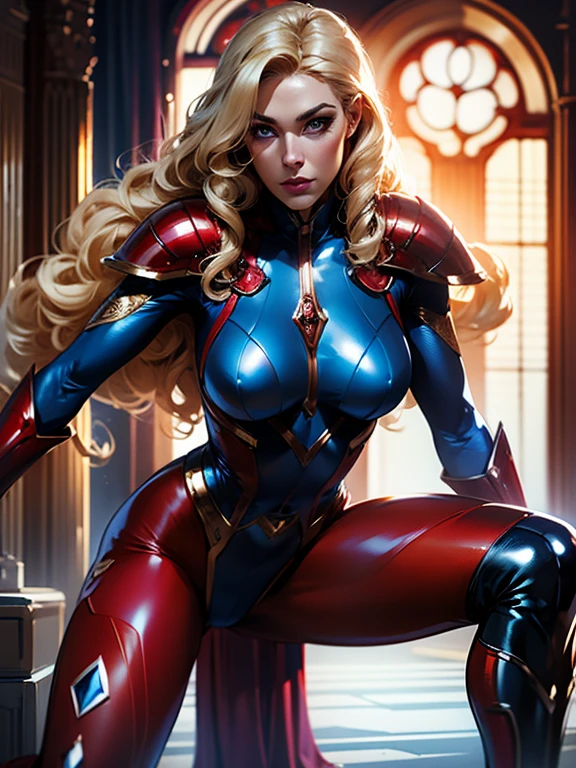 Best quality, 8K, action pose, woman vintage super hero, beautiful and detailed face, blonde curly long hair,big eyelashes,LOOKING TO observer,red and blue metalic armour over bodystocking, SHINY GLOSSY PANTYHOSE,black belt,over the knee boots,white neutral scenario