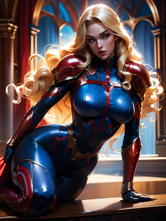 Best quality, 8K, action pose, woman vintage super hero, beautiful and detailed face, blonde curly long hair,big eyelashes,LOOKING TO observer,red and blue metalic armour over bodystocking, SHINY GLOSSY PANTYHOSE,black belt,over the knee boots,white neutral scenario