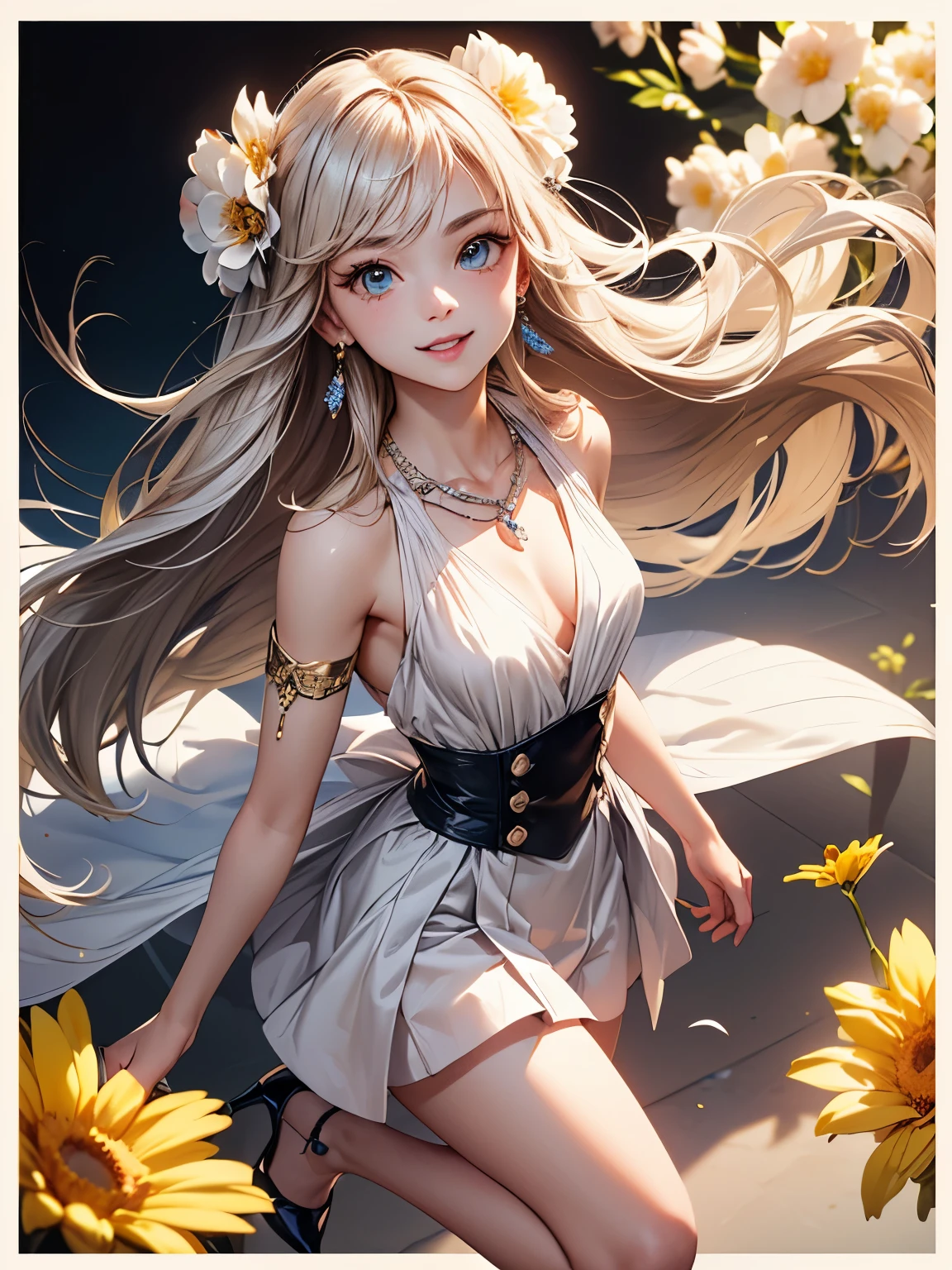 ((Biologically correct number of limbs))、4K、((standing position))、masterpiece、((focus on the face))、((Symmetrical facial features))、Eyes with detailed description、Beautiful woman、outstanding style、beautiful arms、beautiful legs、beautiful hands、(small ass、thin thighs)、Detailed depiction of faces、small earrings、necklace、(uniform、skirt、high heels、stockings)、background full bloom flowers、long hair、((Wide white border on all four sides))、smile、big eyes、Jumping out picture、high angle、close up of face