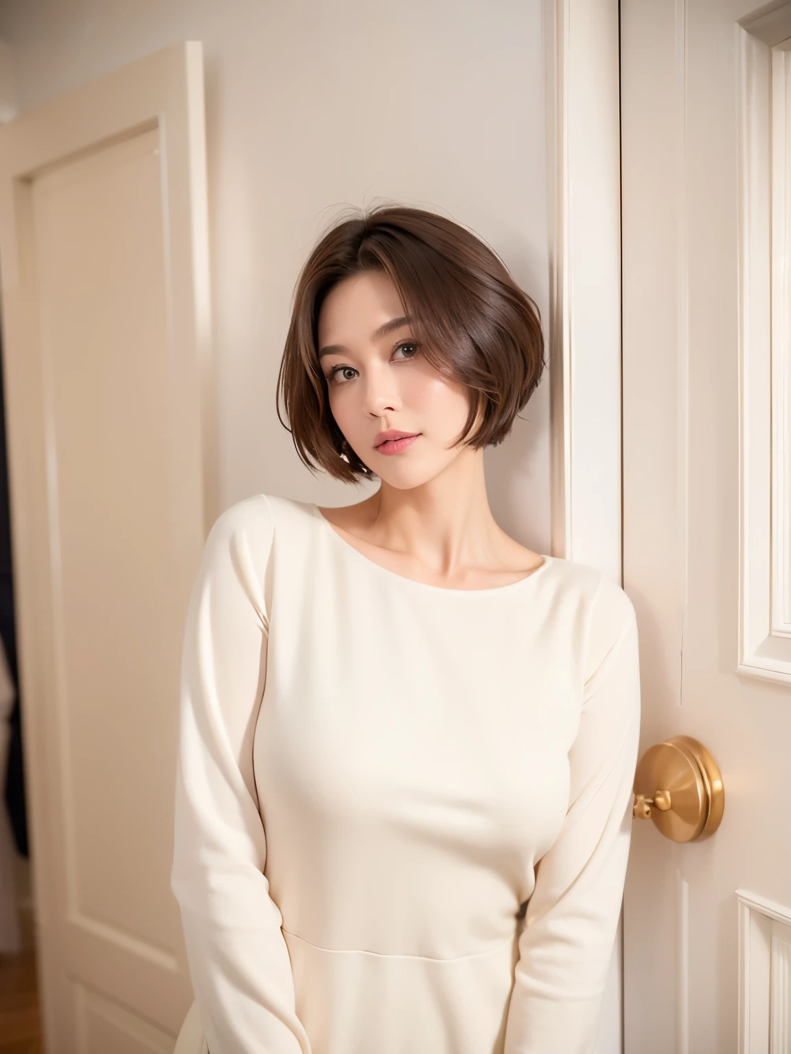 patterned long sleeve dress、table top、(background white wall、Taken in front of the white door:1.4)、((highest quality、8K、masterpiece:1.3))、Japanese woman in her 30s、ultra high resolution、(photogenuineistic:1.4)、Raw photo、Japanese,(face)、genuine、Photographed in natural light、Highly detailed face and skin texture、highly detailed lips、correct state of the human body、shortcut、short hair、short hair、brown hair、various poses、natural color lip、(She is facing to the left:1.2)