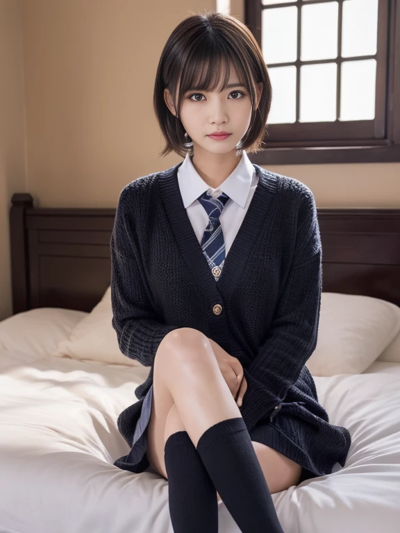 masterpiece，expensiveest quality，official art，High Definition CG Unity 8K Wallpaper High School Girl，very delicate and beautiful，超High resolution，（realistic：1.4），golden hour lighting，（Full body Esbian），（platinum short hair：1.2），（Highly detailed eye resolution），look at the audience，facing the front，( はにかんだ笑face)，JK's Skirt（plaid）， bust，expensive ，tie， masterpiece， highest quality， RAW photo， realistic， face， incredibly irrational solution， written boundary depth， High resolution， Super detailed， small details， very detailed， 非常に詳細な目とface， sharp pupils， realisticな生徒， fix sharp focus， cinematic lighting, Idol style、very cute:1.2、black haired、bangs、((on the bed、Sitting with your knees:1.4.knee high socks))、cardigan、((bangsが頬にかかって、layer cut、shaggy))、white teeth、The gesture of tying your hair with both hands