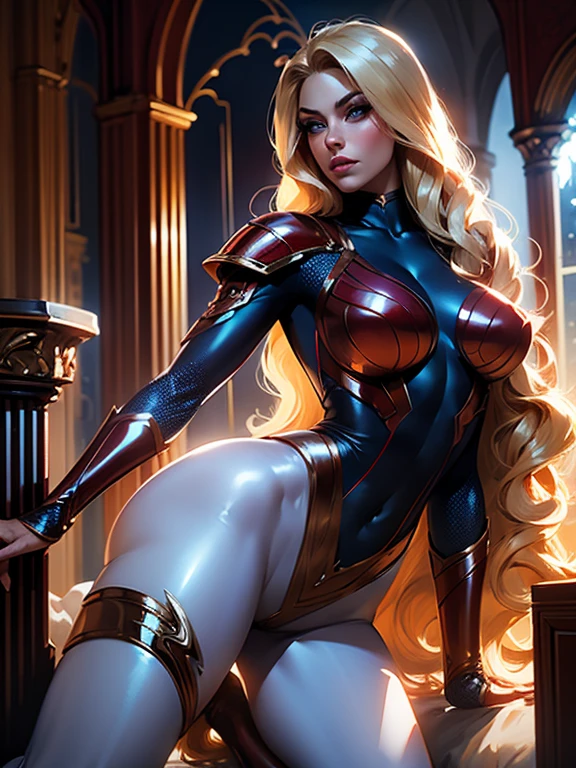 Best quality, 8K, defense pose, woman vintage super hero, beautiful and detailed face, blonde curly long hair,big eyelashes,LOOKING TO observer,red and blue metalic armour over bodystocking, SHINY GLOSSY PANTYHOSE,black belt,over the knee boots,white neutral scenario