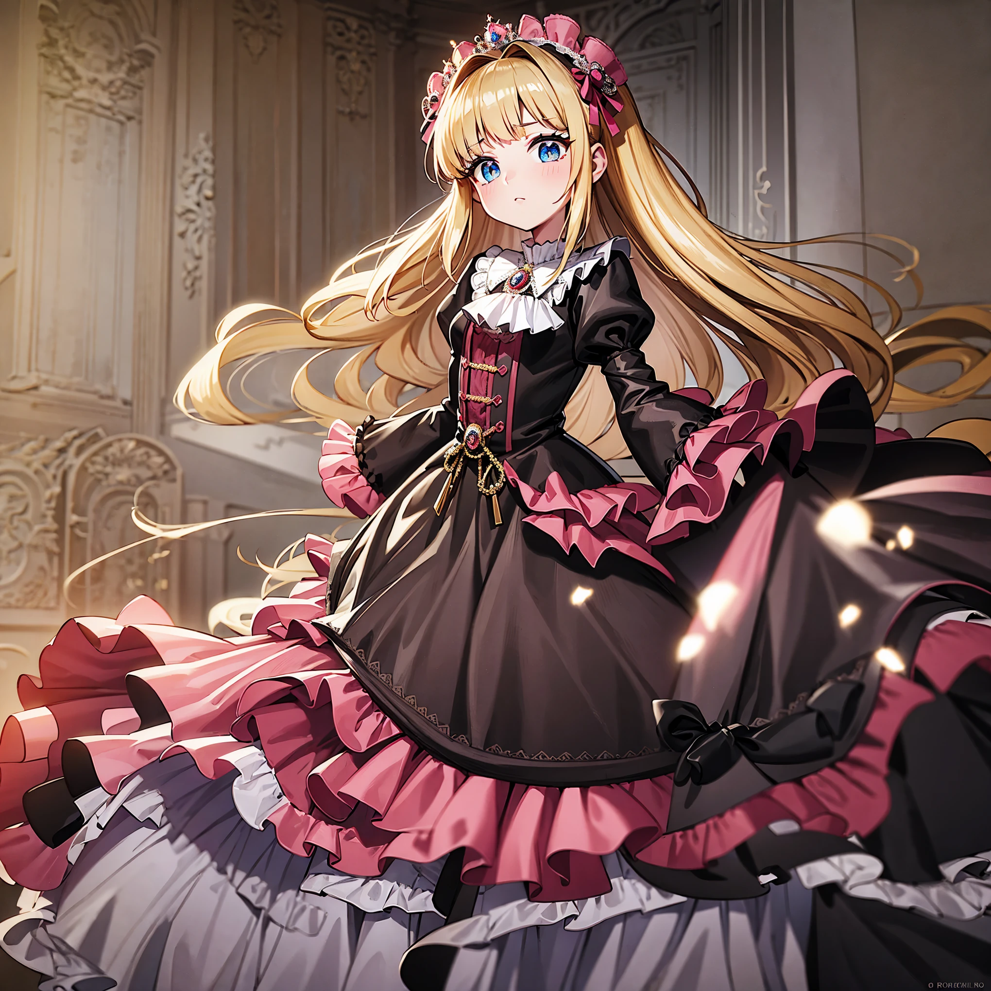 ,highest quality, masterpiece, highest resolution, artwork, super それにget used to it, many get used to it, get used to it, それにget used to it, 3K realistic photos,,(( girls)),Super detailed baby face,both arees,Full length ball gown dress with hoop skirt,ruffle yoke collar,Detailed braided ribbon at chest,puff sleeves,long sleeve,((lolita style hot pink princess satin dress、Comes with lots of frills and ribbons。)),crazy'colorful fashion,shiny silk satin dress,soft and smooth silk satin fabric,luxury,long blonde hair,blue eyes,white skin european,pajamas,((inside the palace)),Princess dancing happily,gorgeous flowing dress,fine white frills and lace,