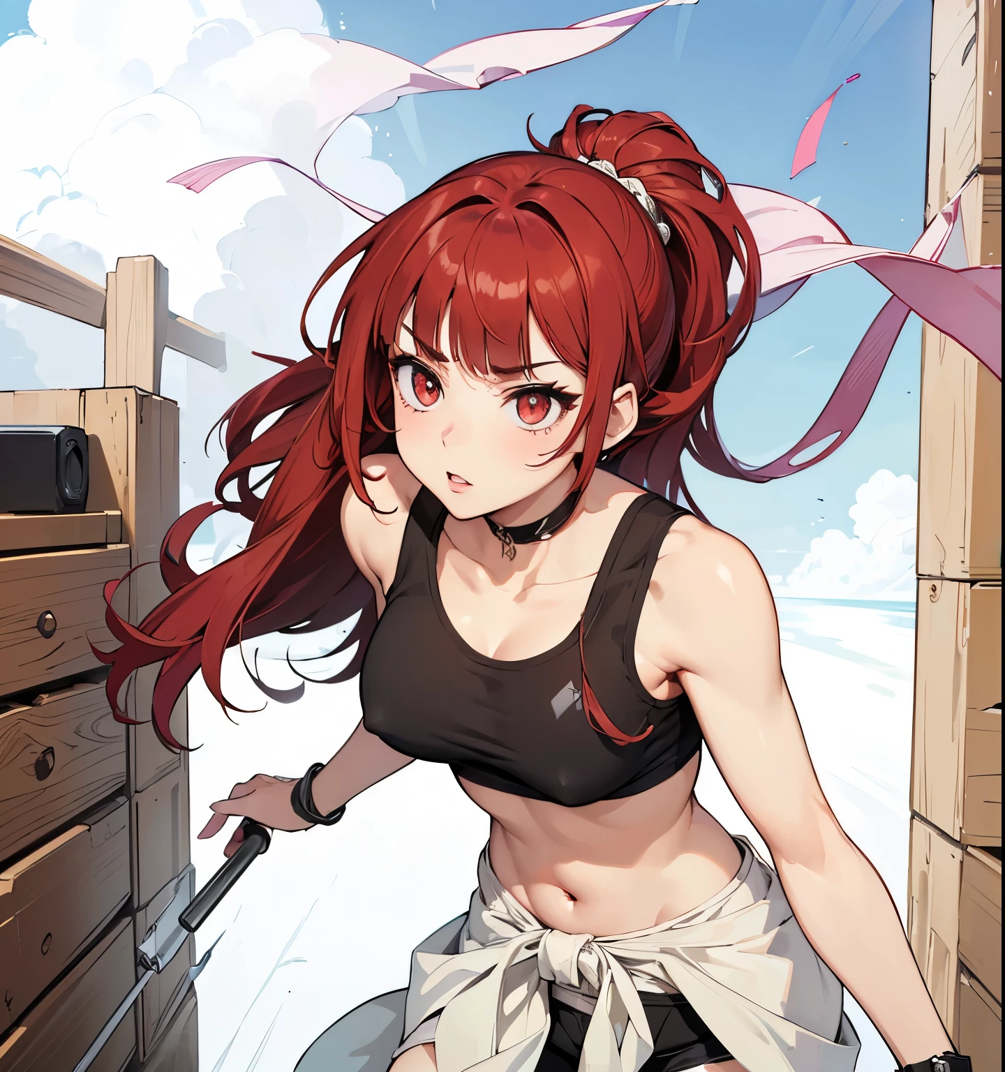 (masterpiece, best quality:1.4), (extremely detailed, 8k, uhd), cinematic shot, natural lighting, ultra highres, vibrant rich colors, (beautiful, aesthetic, perfect, delicate, intricate:1.2), (sharp focus, from front:1.3), eye level shot, 1girl, portrait of a anime girl, young, red hair, hair up, ponytail with bangs (extremely hot, attractive, beautiful, sexy, feminine:1.2) serious expression, serious look, serious eyes, expressive brown eyes, long eyelashes, relaxed,(beautiful detailed face, highly detailed skin, red eyes), gorgeous, breathtaking beauty, seductive, captivating, pale skin, perfect female figure, (slim:0.5), (wearing a sports top, belly exposed, defined abdomen, shorts), school girl (highly saturated lipstick, luscious thick lips), intricate details, daytime, award winning photography, detailed background, volumetric fx, anime, hyper-detailed