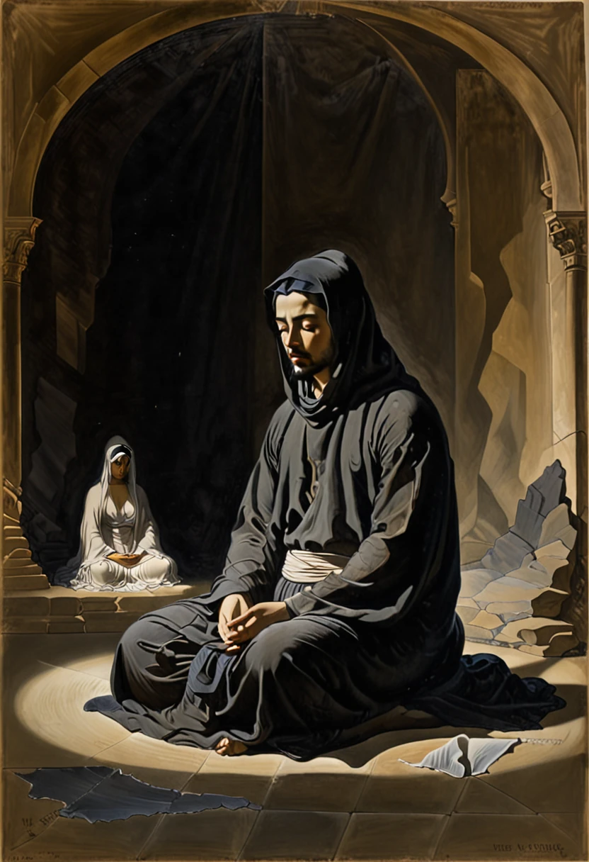 The artwork portrays a solitary figure seated in a meditative posture at the center of a darkened chamber. The figure is veiled in shadows, with only fragments of their form visible amidst the dim light.