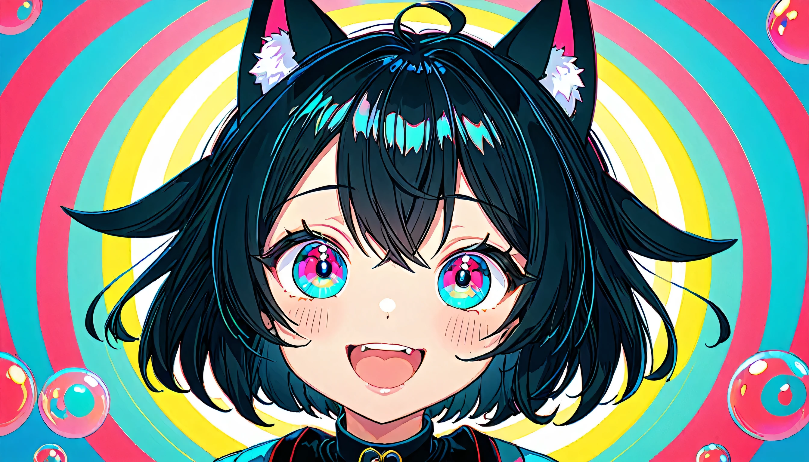 black hair, hair bobbles, wince, longeyelashes, solid circle eyes, fake animal ears, light smile, ear blush, fang, Surrealism, drop shadow, anaglyph, stereogram, tachi-e, pov, atmospheric perspective, 8k, super detail, ccurate, best quality