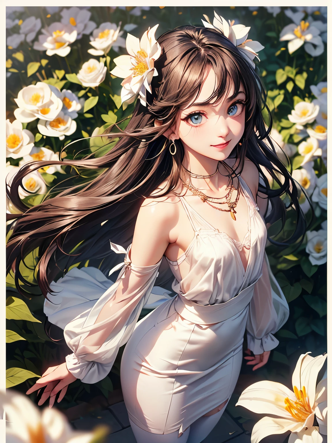 ((Biologically correct number of limbs))、4K、((standing position))、masterpiece、((focus on the face))、((Symmetrical facial features))、Eyes with detailed description、Beautiful woman、outstanding style、beautiful arms、beautiful legs、beautiful hands、(small ass、thin thighs)、Detailed depiction of faces、small earrings、necklace、(uniform、skirt、high heels、stockings)、background full bloom flowers、long hair、((Wide white border on all four sides))、smile、big eyes、high angle、close up of face