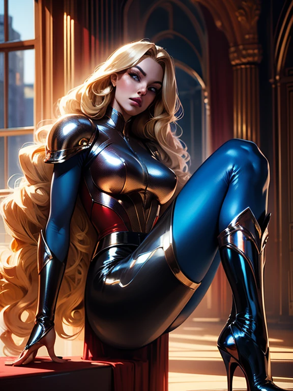 Best quality, 8K, action pose, woman vintage super hero, beautiful and detailed face, blonde curly long hair,big eyelashes,LOOKING TO observer,red and blue metalic armour over bodystocking, SHINY GLOSSY PANTYHOSE,black belt,over the knee boots,white neutral scenario