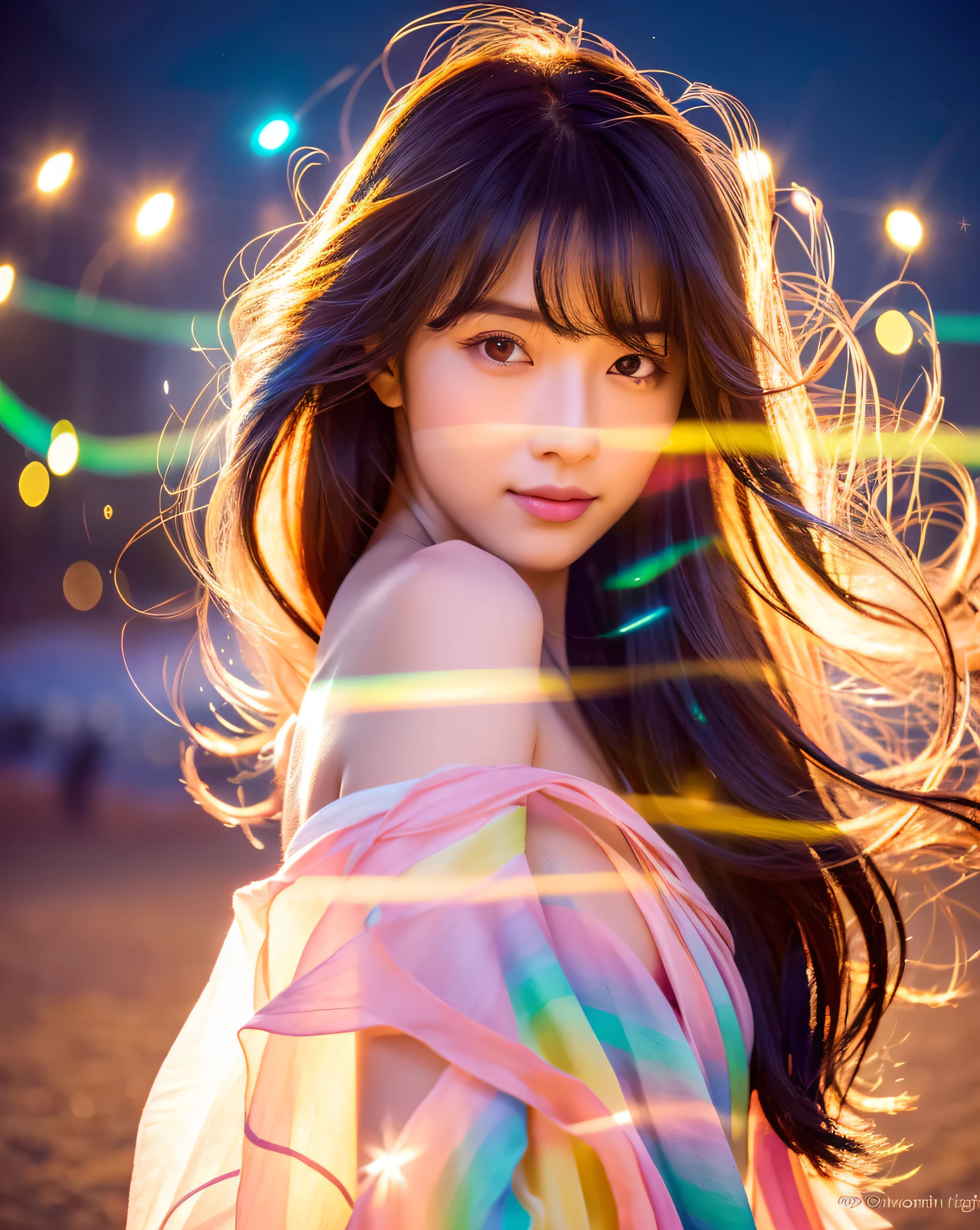 (highest quality, 32k, High resolution, masterpiece:1.5,), Haunting fantasy portrait in abstract style, ((In a swirl of fantastic pastel colors and soft light)), Evoking a sense of soothing tranquility and elusive beauty, Award-winning masterpiece with amazing details, cute japanese woman, perfect human anatomy, big magical eyes, fleeting smile, ((shiny and detailed red hair)), Long straight hair tousled by the wind, Beautiful asymmetrical bangs, hair between eyes, smooth and soft skin, thin eyebrows, clear double eyelids, pale pink lips, ((naked, Wrap your body in a transparent silk cloth)), High resolution perfect clavicle, Beautiful chest in high resolution, Slender body with plump breasts, ((Colorful sparkling light effects:1.3)), Sea of night, full moon, Moonlit, professional lighting, professional photographer, Professional models,mysterious