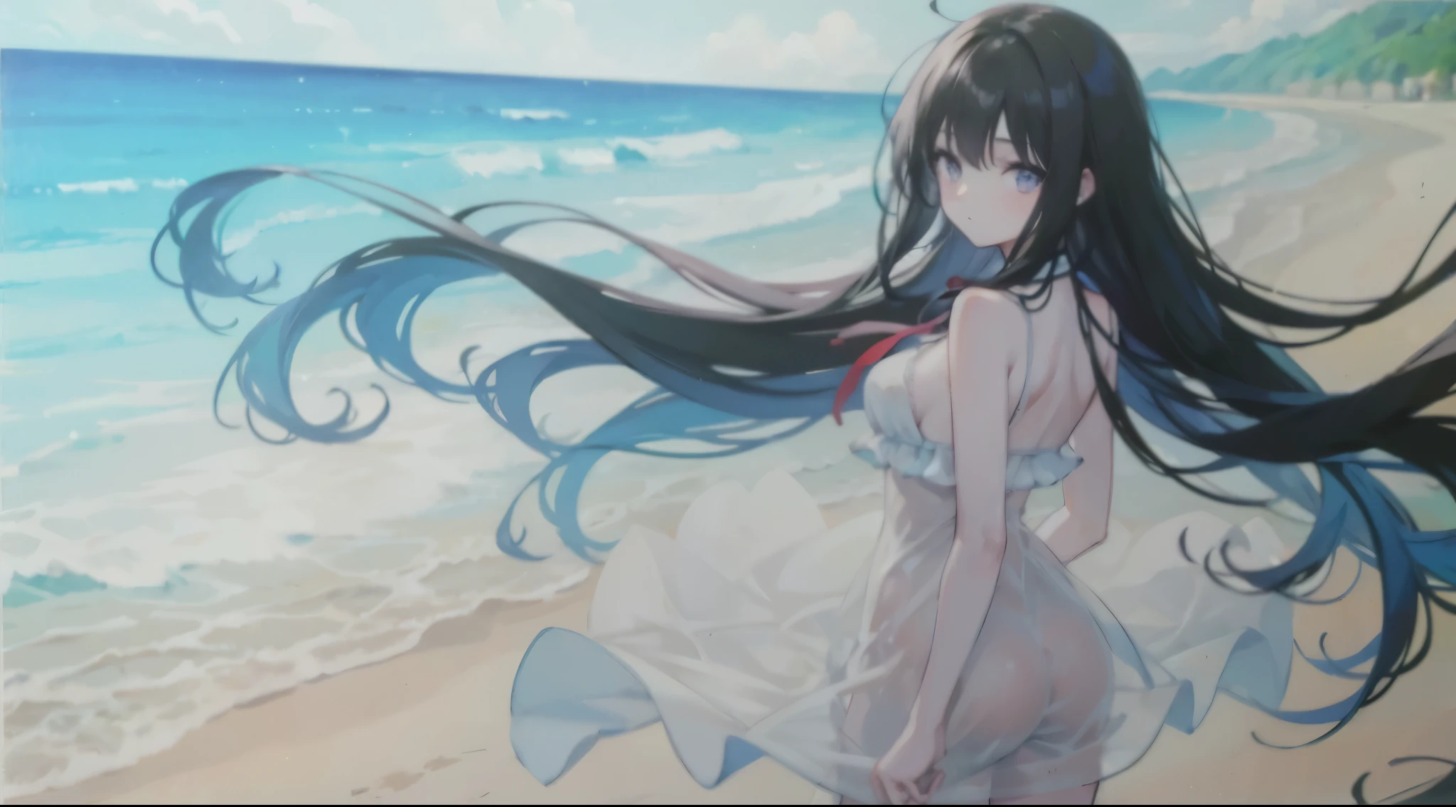 A girl stands on the beach,standing on the beach,long black hair