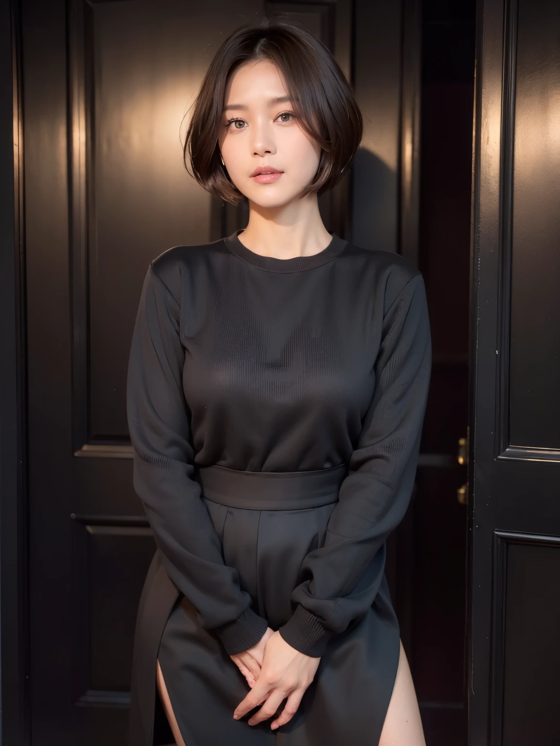 patterned long sleeve dress、table top、(background black wall、Taken in front of the black door:1.4)、((highest quality、8K、masterpiece:1.3))、Japanese woman in her 38s、ultra high resolution、(photogenuineistic:1.4)、Raw photo、Japanese,(face)、genuine、Photographed in natural light、Highly detailed face and skin texture、highly detailed lips、correct state of the human body、shortcut、short hair、short hair、brown hair、various poses、natural color lip、(横face:1.5)