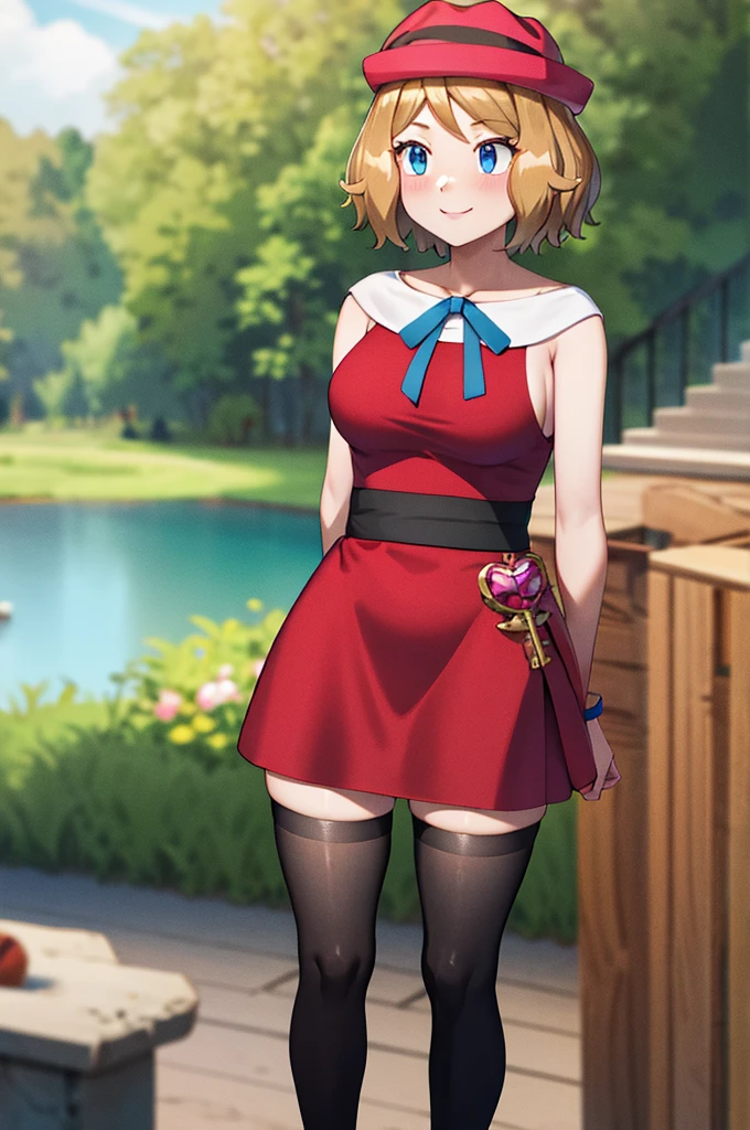 masterpiece, best quality, highres, serena \(pokemon\), short hair, blue eyes, 1girl, solo, blue ribbon, eyelashes, black thighs, neck ribbon, sleeveless, bangs, collarbone, bare arms, pink dress, red coat, pink hat, outdoor, standing by a lake, blushing, smile, long stockings, black stockings, mid-thigh stockings, medium-sized female breasts,  Neckline, detailed background, background of great details.