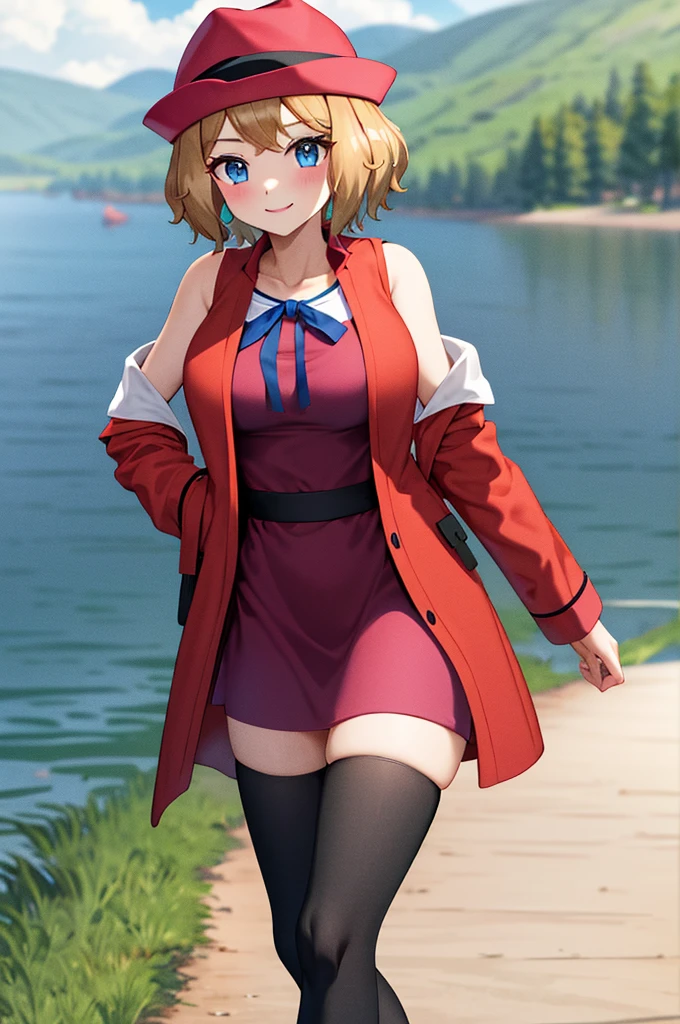 masterpiece, best quality, highres, serena \(pokemon\), short hair, blue eyes, 1girl, solo, blue ribbon, eyelashes, black thighs, neck ribbon, sleeveless, bangs, collarbone, bare arms, pink dress, red coat, pink hat, outdoor, standing by a lake, blushing, smile, long stockings, black stockings, mid-thigh stockings, medium-sized female breasts, Neckline, detailed background, background of great details.
