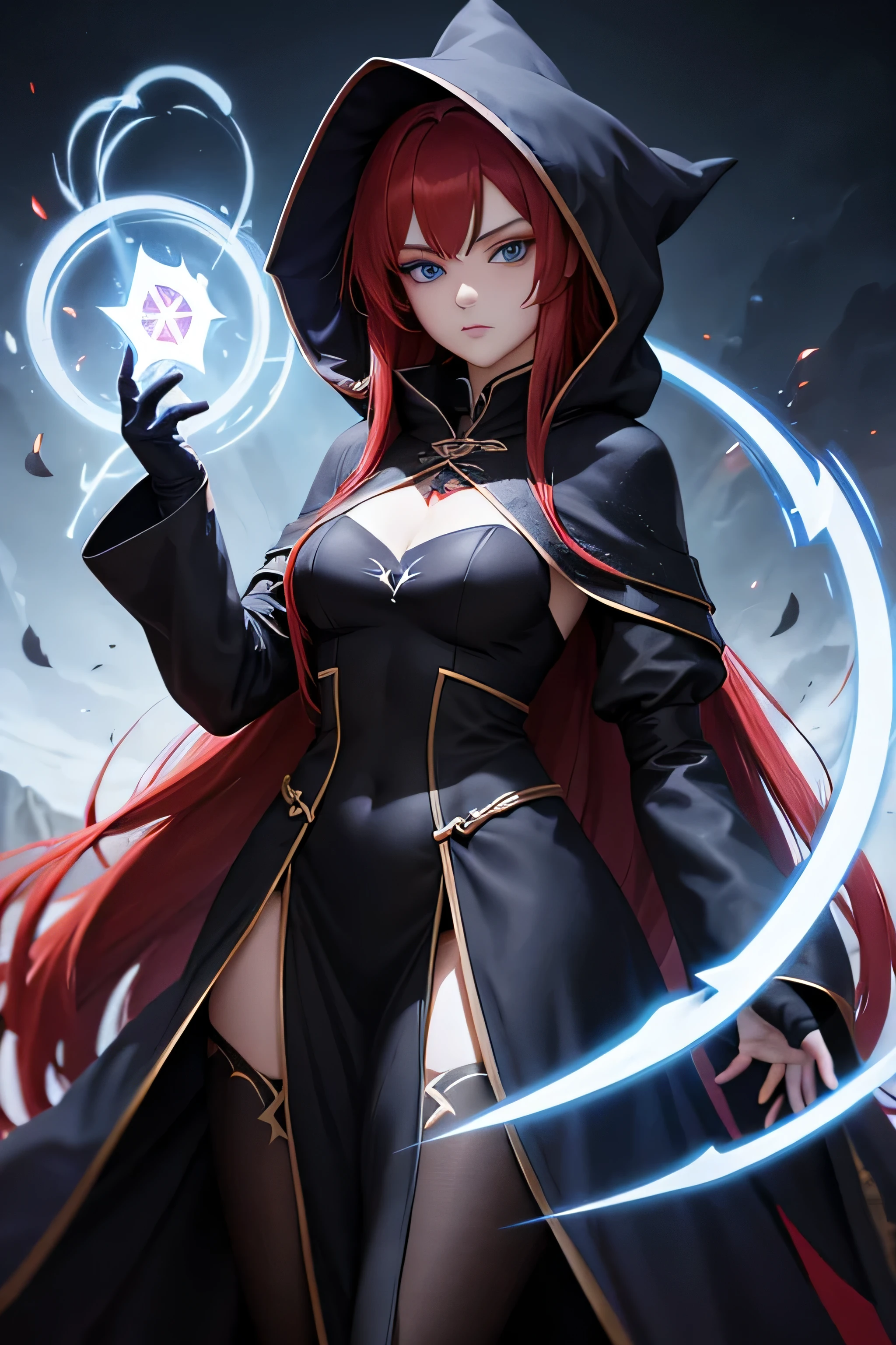 A mage girl with full covered dark cloak, long red hair, blue eyes, medium , white skin, and have cynical gaze while looking at viewer. She casting even dark magic behind and the dark aura there's behind.