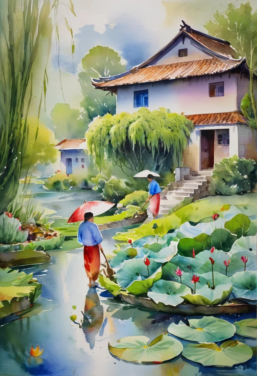 There is a stream in front of the tile house, two people carrying hoes, willow trees, swallows, rain, frogs on lotus leaves, ink wind