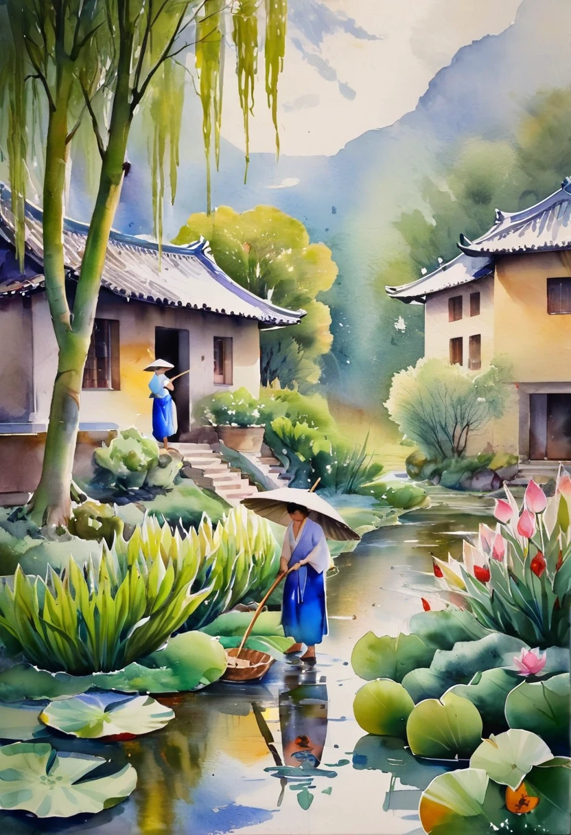 There is a stream in front of the tile house, two people carrying hoes, willow trees, swallows, rain, frogs on lotus leaves, ink wind