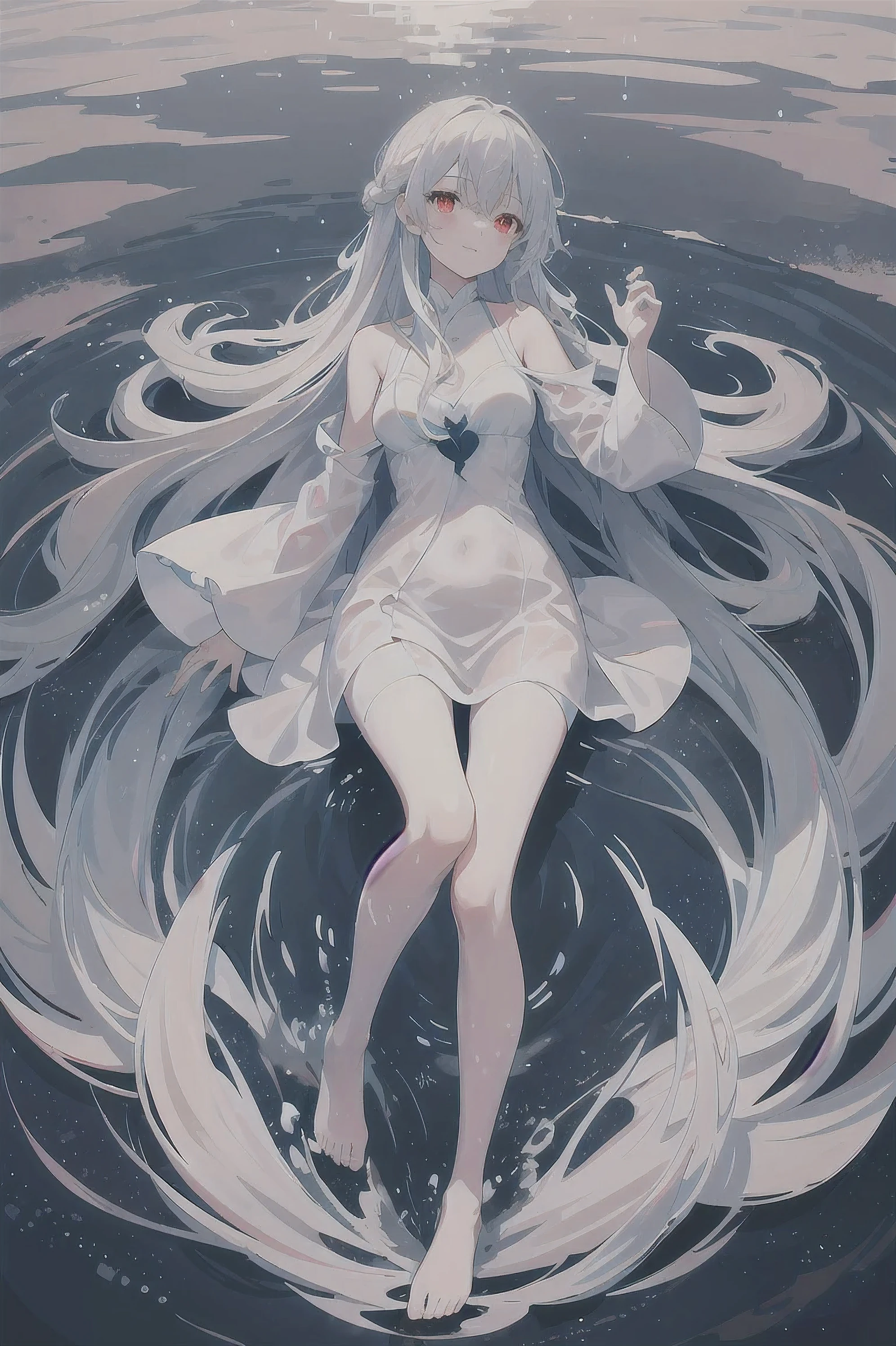 Dreamy and beautiful moonlight in the dark forest。View of a 15-year-old girl from above。(wet silver hair and red eyes)。smile slightly。She wore only a long sheer white cloth with beautiful sheer lace trim。Soak the cloth in water。(splash，Dark forest lake at night。(Hair or clothes are wet)。splash。Wet strands of hair。dripping water drops。Fantasy fireflies float in the air、Light also reflects from water。near method and far method。glitter effects。Dynamic composition with depth。extremely high quality、High level of image quality、extremely delicate。Rare workmanship，round,Room, firm breasts，No underwear），barefoot，float，water surface，（long legs，long legs，long legs，Gestalt），full-body shot。posture lying，Looking charming