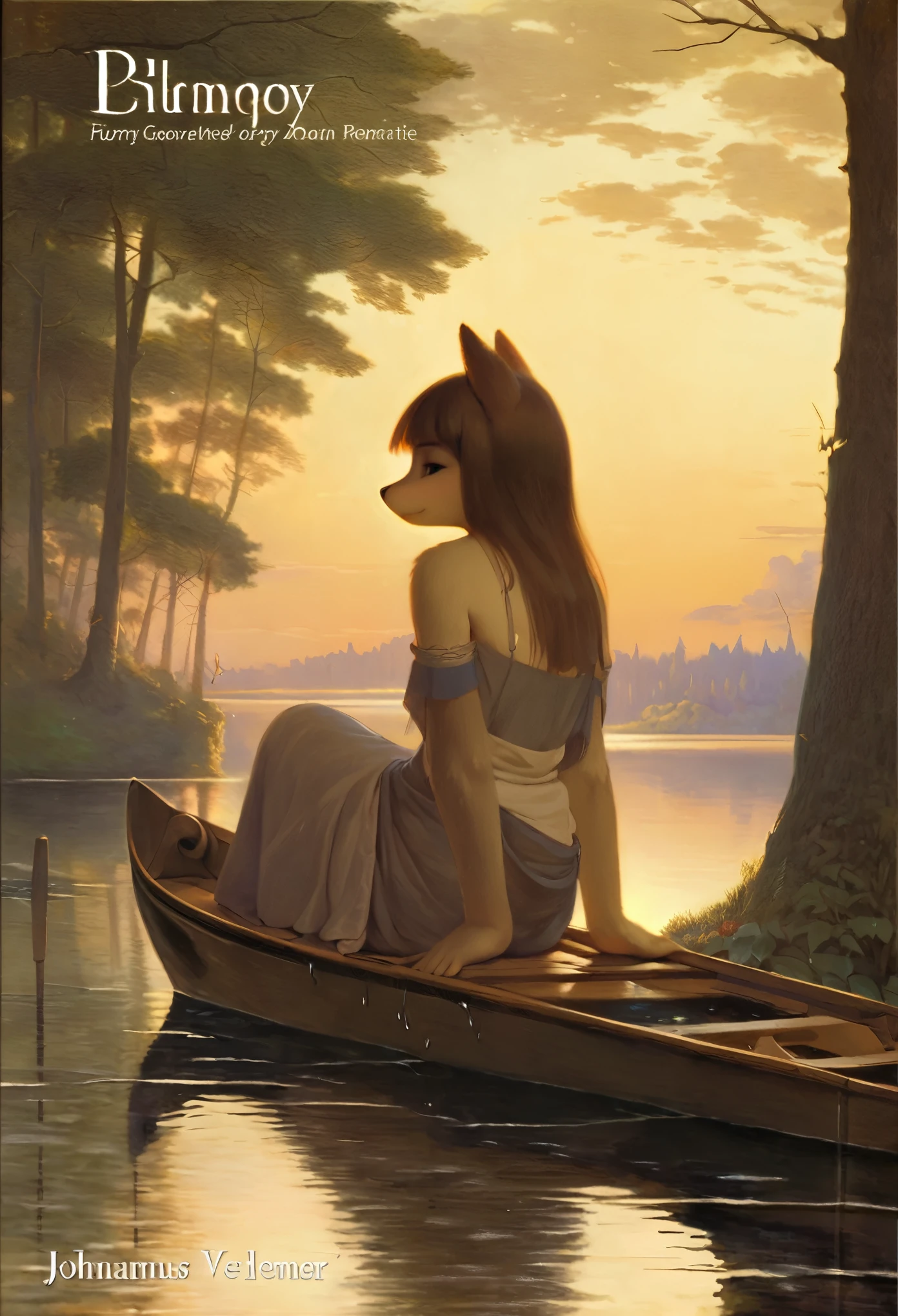 High-quality illustrations by John William Waterhouse, by Johannes Vermeer, cover_page, highres, absurdres, detailed background, lake, dawn, detailed forest, clouds, Mysterious and romantic atmosphere, caustics surface(refraction, polarization:1.2)perfect anatomy(cute 1girl, single:1.4, kemono, solo focus, boy)volumetric lighting, Wet clothes, Water droplets, (furry anthro:1.7)(Furry body, dog facial features, dog body features)(very detailed body fur)full body, soft and delicate color palette, dramatic composition, deep shadow, dynamic lighting,