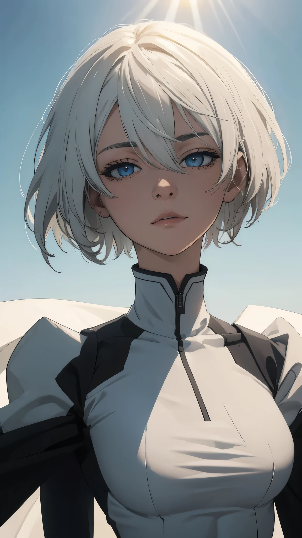 extremely detailed CG unity 8k wallpaper), (masterpiece), (best quality), (ultra-detailed), (best illustration), (best shadow), (absurdres) ,(detailed eyes), 2b, 1girl, short hair, white hair, solo, Intimidating women, admiral uniform, night, hero pose, white clothes, General Uniform, Military Uniform, Sunlight, exposed to sunlight,commander, fighting pose, wearing cape