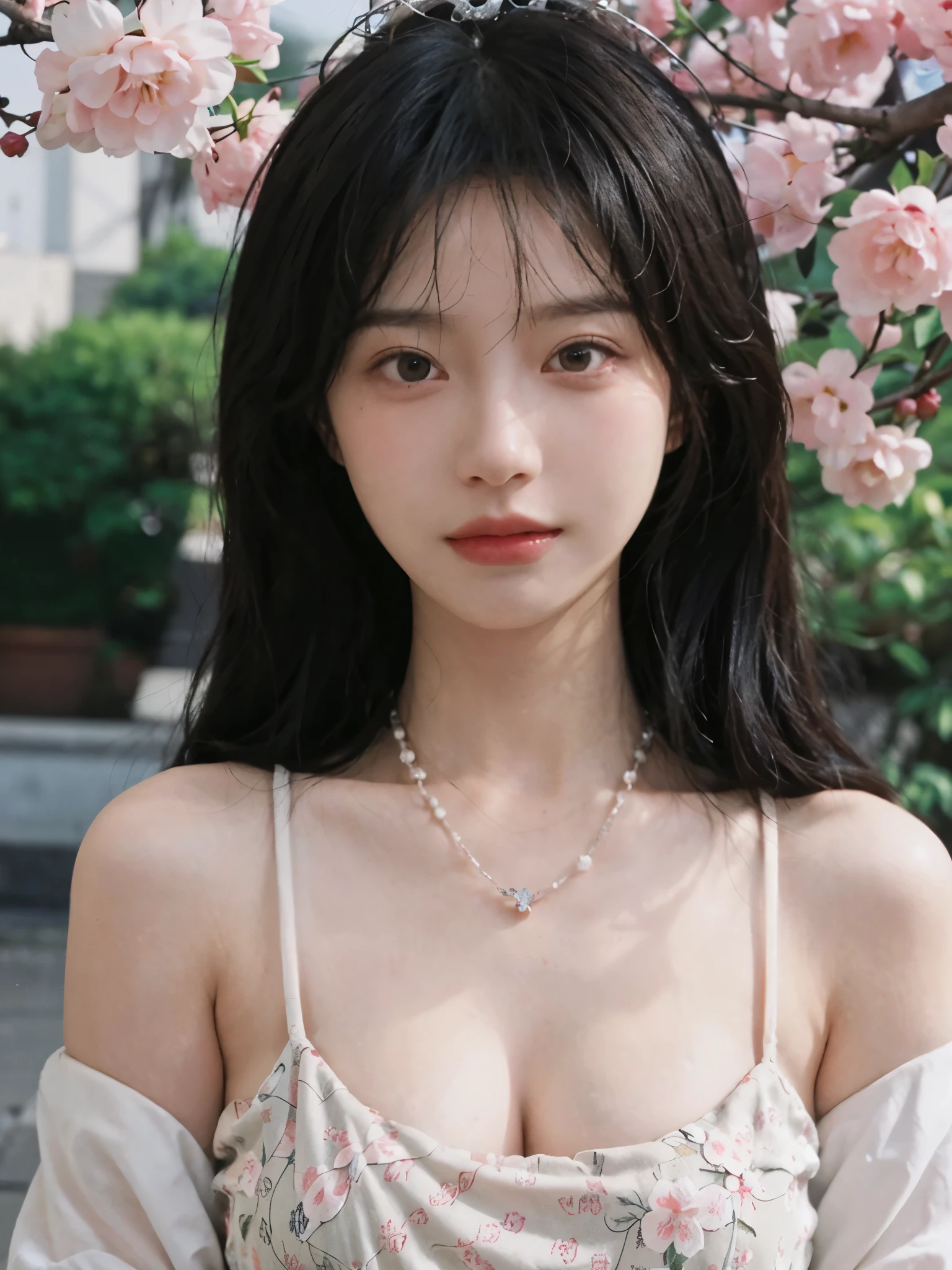 best quality， ultra high resolution， （realistically：1.4）， Cute tiara，Baoyu Girl， A pair of clear and charming peach blossom eyes,Royal sister，The sun shines on the face，Long curly hair，（under the cherry blossom tree：1.4），（necklace：1.2），（White skin：1.4），（Full body female love：1.2）a sense of atmosphere，a beautiful girl，looking directly at the viewer， Close-up cleavage ，(lifelike:1.4),1 girl,Sexy,(Upper body:1.4),(wet),(:1.2)