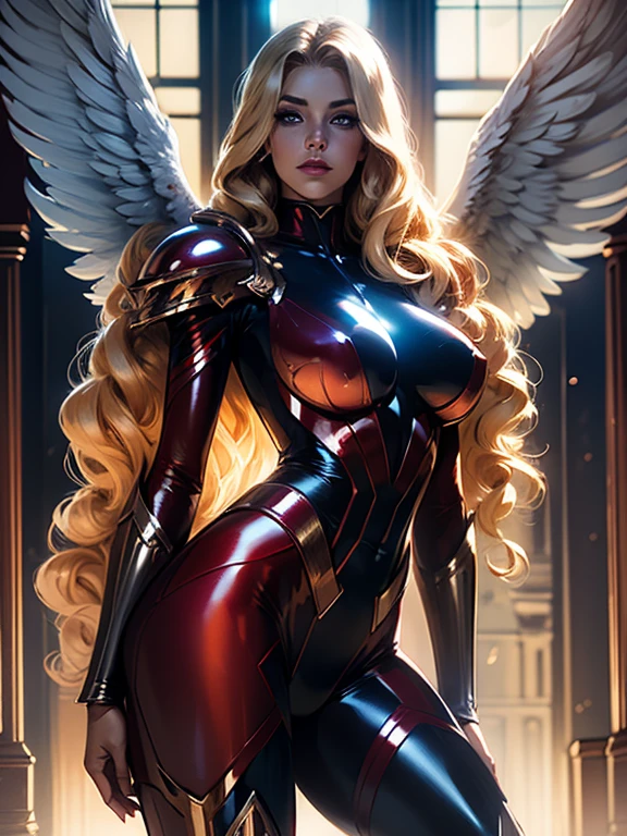 Best quality, 8K, observer pose, woman vintage super hero, beautiful and detailed face, blonde curly long hair,big eyelashes,angel wings,LOOKING TO observer,red and blue metalic armour over bodystocking, SHINY GLOSSY PANTYHOSE,black belt,over the knee boots,white neutral scenario