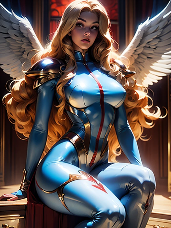 Best quality, 8K, observer pose, woman vintage super hero, beautiful and detailed face, blonde curly long hair,big eyelashes,angel wings,LOOKING TO observer,red and blue metalic armour over bodystocking, SHINY GLOSSY PANTYHOSE,black belt,over the knee boots,white neutral scenario