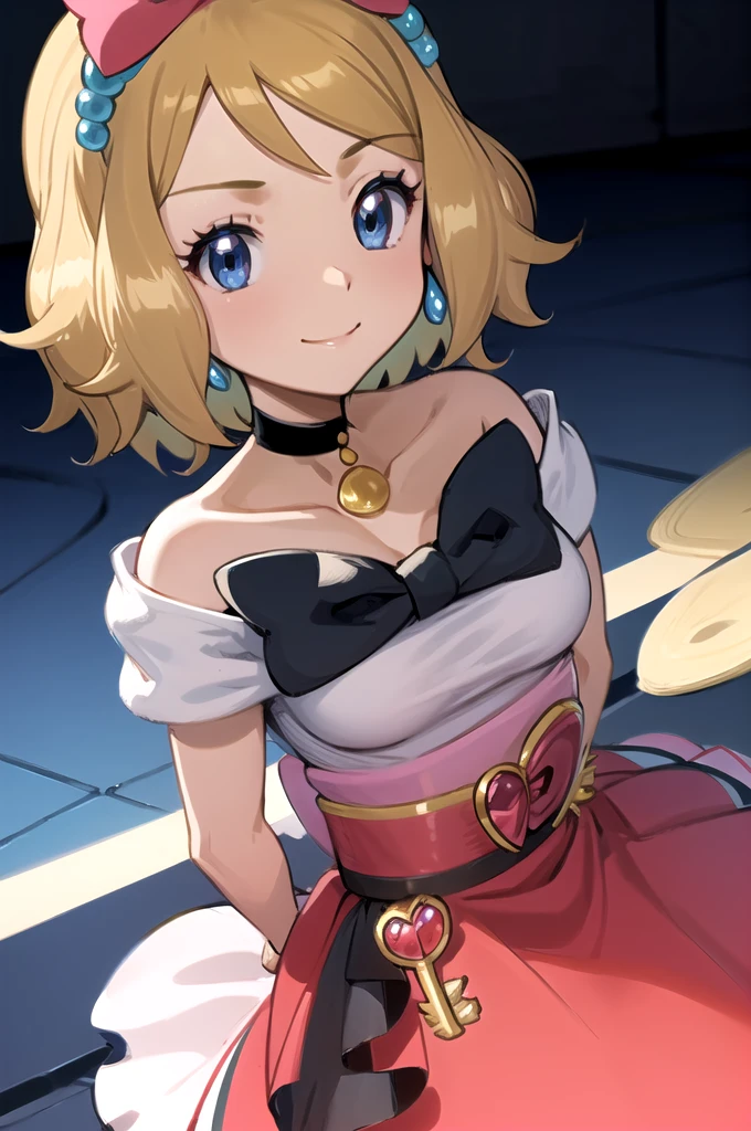 masterpiece, best quality, 1girl,serena \(pokemon\), short hair, blonde hair, blue eyes, eyelashes, black choker, hair bow, dress, collarbone, large breasts, upper body, smile, looking at viewer, solo, simple background 