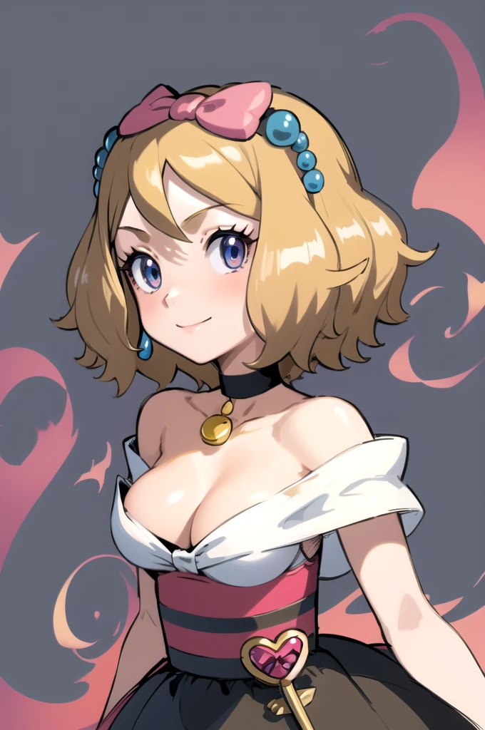 masterpiece, best quality, 1girl,serena \(pokemon\), short hair, blonde hair, blue eyes, eyelashes, black choker, hair bow, dress, collarbone, large breasts, upper body, smile, looking at viewer, solo, simple background