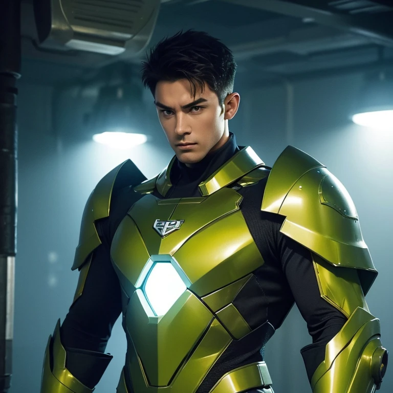 Develop an image of a hero wearing a green and gold costume. The hero must have a noble and powerful appearance, with distinct character traits. The green and gold costume should be modern and futuristic, with technological elements and details that make it unique. The hero must be in a heroic pose, as if he is ready to face any challenge that comes his way. The background scene can be an urban landscape or an imaginary landscape that matches the heroic aura of the character. Feel free to add creative and interesting details to make the hero even more captivating