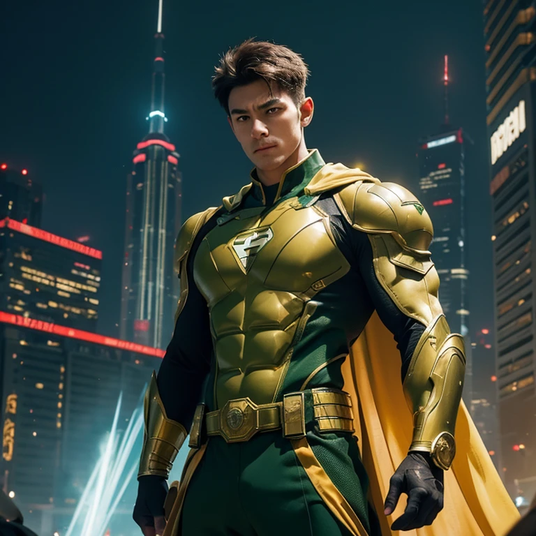 Develop an image of a hero wearing a green and gold costume. The hero must have a noble and powerful appearance, with distinct character traits. The green and gold costume should be modern and futuristic, with technological elements and details that make it unique. The hero must be in a heroic pose, as if he is ready to face any challenge that comes his way. The background scene can be an urban landscape or an imaginary landscape that matches the heroic aura of the character. Feel free to add creative and interesting details to make the hero even more captivating