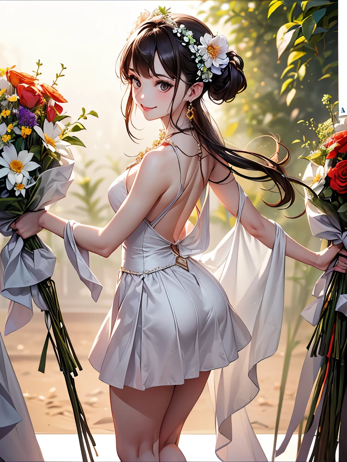 ((Biologically correct number of limbs))、4K、((standing position))、masterpiece、((focus on the face))、((Symmetrical facial features))、Eyes with detailed description、Beautiful woman、outstanding style、beautiful arms、beautiful legs、beautiful hands、(small ass、thin thighs)、Detailed depiction of faces、small earrings、necklace、(uniform、skirt、high heels、stockings)、background full bloom flowers、long hair、((Wide white border on all four sides))、smile、big eyes、high angle、close up of face