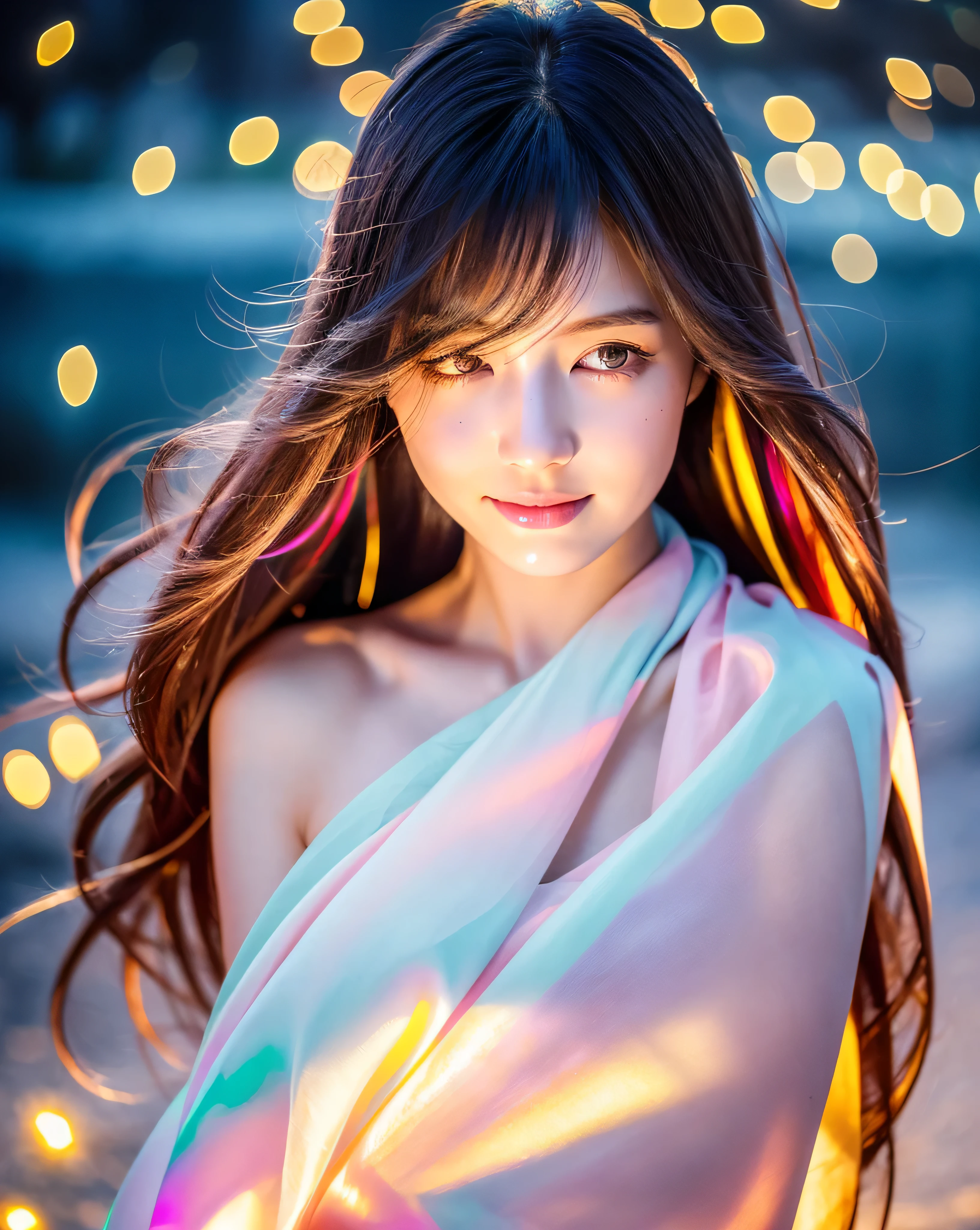 (highest quality, 32k, High resolution, masterpiece:1.5,), Haunting fantasy portrait in abstract style, ((In a swirl of fantastic pastel colors and soft light)), Evoking a sense of soothing tranquility and elusive beauty, Award-winning masterpiece with amazing details, cute japanese woman, perfect human anatomy, big magical eyes, fleeting smile, ((shiny and detailed red hair)), Long straight hair tousled by the wind, Beautiful asymmetrical bangs, hair between eyes, smooth and soft skin, thin eyebrows, clear double eyelids, pale pink lips, ((naked, Wrap your body in a transparent silk cloth)), High resolution perfect clavicle, Beautiful chest in high resolution, Slender body with plump breasts, ((Colorful sparkling light effects:1.3)), Sea of night, full moon, Moonlit, professional lighting, professional photographer, Professional models,mysterious