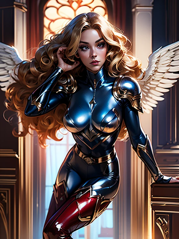 Best quality, 8K, action pose, woman vintage super hero, beautiful and detailed face, blonde curly long hair,big eyelashes,angel wings,LOOKING TO observer,red and blue metalic armour over bodystocking, SHINY GLOSSY PANTYHOSE,black belt,over the knee boots,white neutral scenario