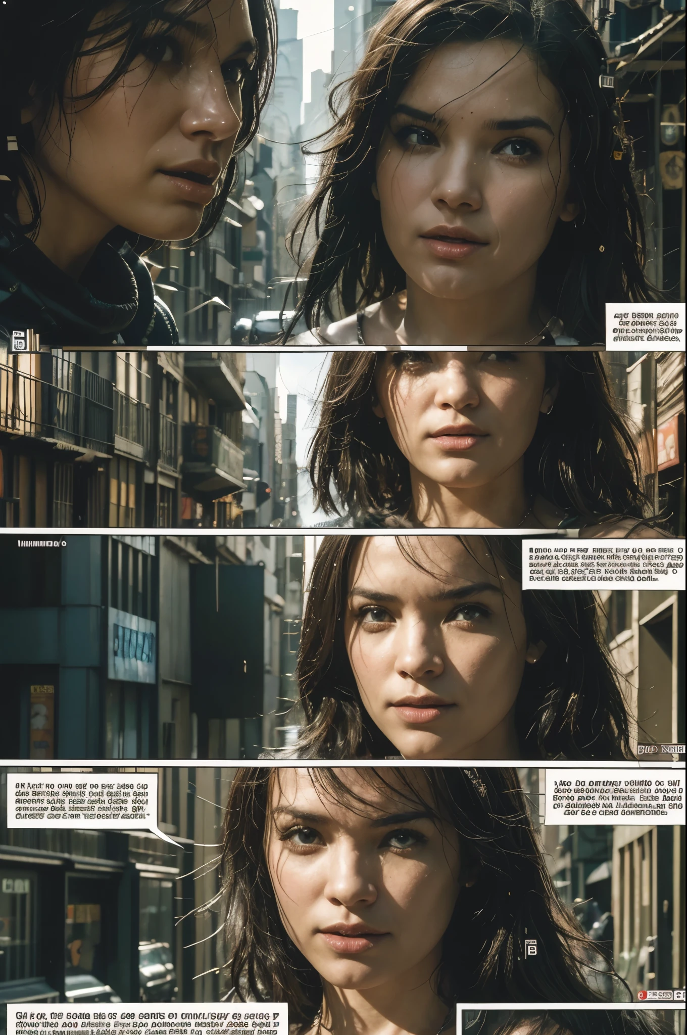 we continue with the second page of our cyberpunk script, siguiendo la trama establecida en la primera escena:

Vignette 1: Vista de una calle bulliciosa de Neo-Terranova, with holographic advertisements and various species walking.
Narrador: "More than blood pulses in the veins of Newfoundland; historias entrelazadas en el flujo constante de la vida cotidiana."

Vignette 2: A human child and a robot  playing together, indistinguishable in their joy.
Protagonista (pensamiento): "La inocencia no conoce de carne o metal. In the laughter of these children, who can say which is which?"

Vignette 3: Un mercado lleno de vendedores y compradores, algunos humanos, otros claramente no-humanos.
Protagonista (pensamiento): "Un intercambio de miradas y datos. Here, todo tiene precio, incluso los recuerdos."

Vignette 4: Our protagonist observes a man arguing with a robot about a transaction.
Hombre: "This is not what we agreed!"
Robot: "My calculations are exact. Reevaluate your proposal."
Protagonista (pensamiento): "The friction between two worlds. A veces, the code is more rigid than any human prejudice."

Vignette 5: The protagonist continues on her way, pasando junto a un grupo de personas marginadas por la sociedad.
Protagonista (pensamiento): "We exist on the margins of your screens, in the spaces that technology has not yet filled. Somos los fantasmas de la nueva era."

On this second page, ahondamos en la diversidad de Neo-Terranova, exploring the social and technological dynamics of this futuristic society through the eyes of our protagonist. We delve deeper into the environment and how the different inhabitants of the city interact, showing both the harmony and conflicts that emerge in this cyberpunk world.