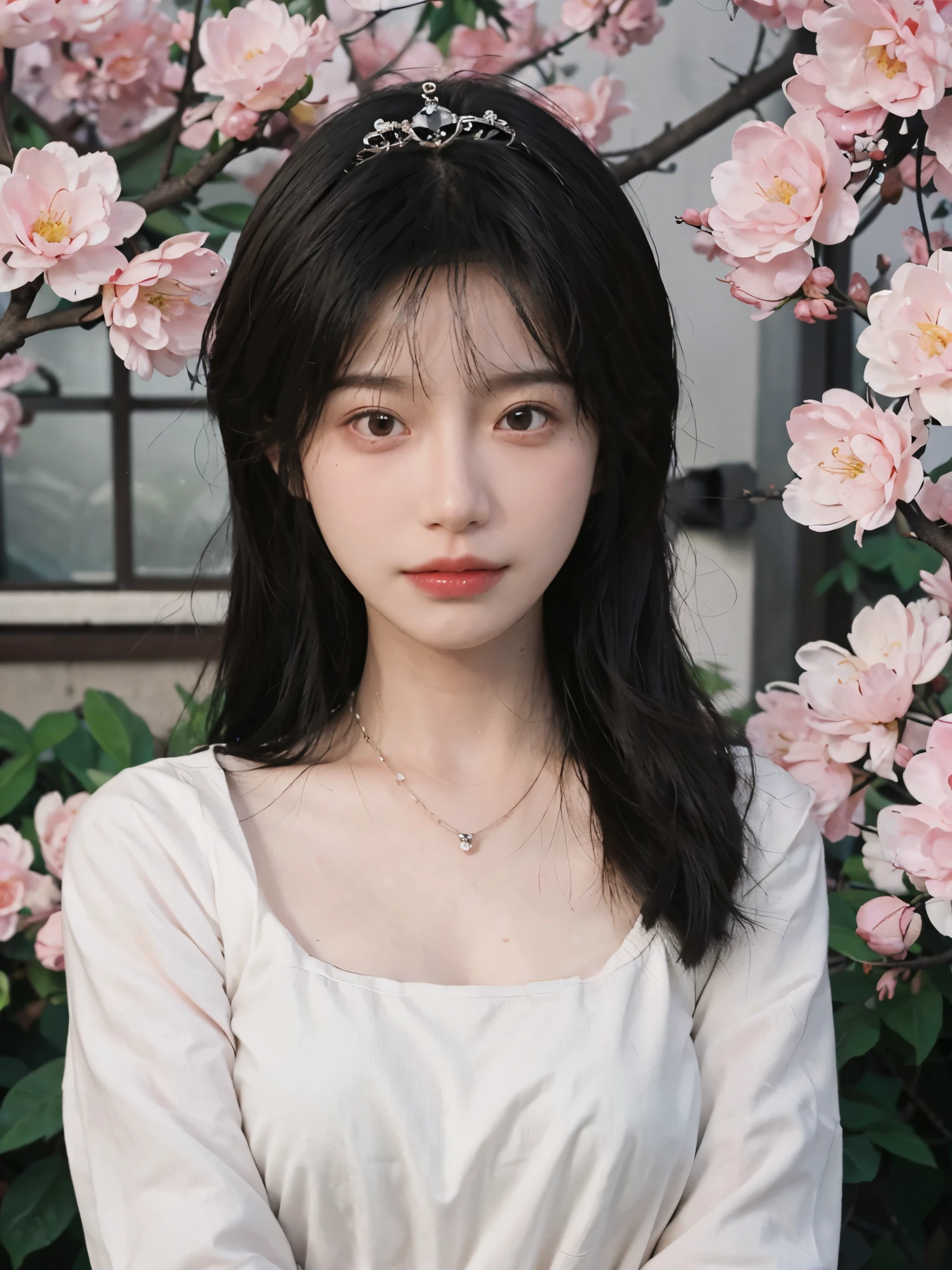 best quality, ultra high resolution, (realistically:1.4), Cute tiara,Baoyu Girl, A pair of clear and charming peach blossom eyes,Royal sister,The sun shines on the face,Long curly hair,(under the cherry blossom tree:1.4),(necklace:1.2),(White skin:1.4),(Full body female love:1.2)a sense of atmosphere,a beautiful girl,looking directly at the viewer, Close-up cleavage ,(lifelike:1.4),1 girl,Sexy,(Upper body:1.4),(wet),(:1.2)